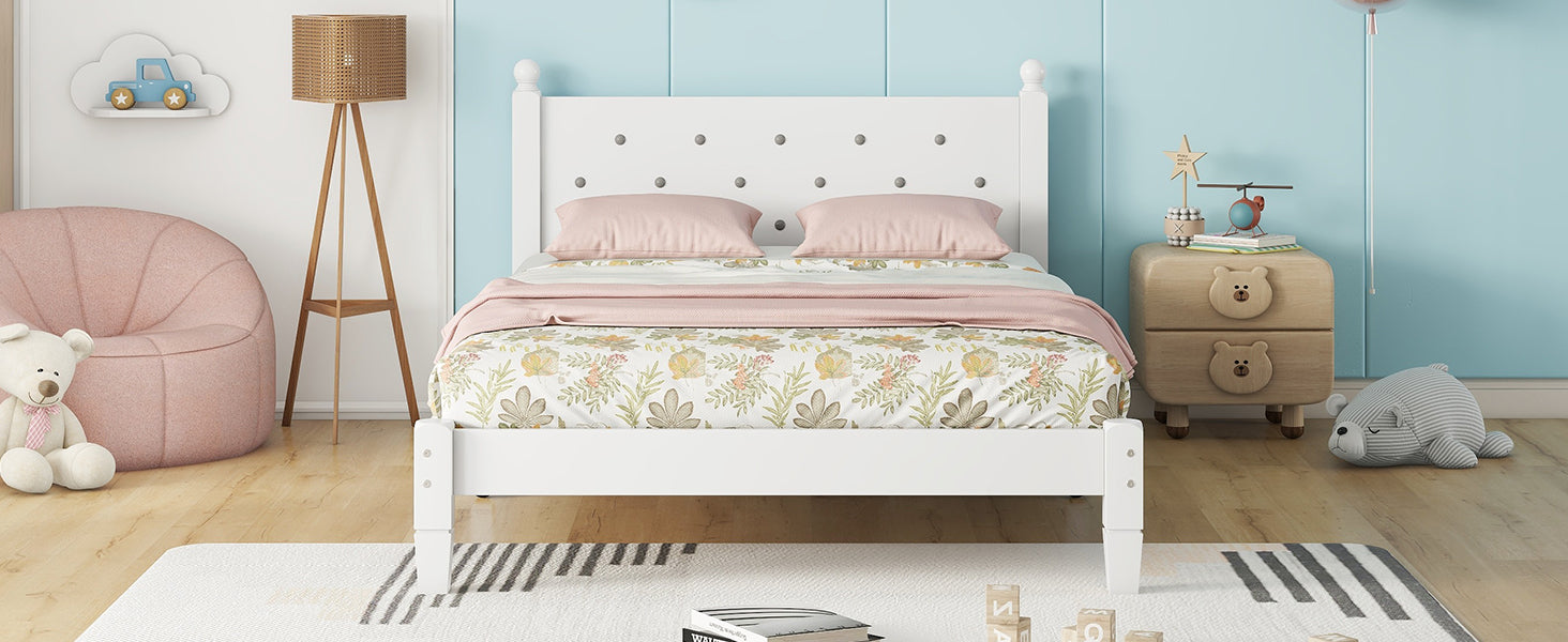 Twin Bed with Button-Decoration Headboard, with Bed Slats,White - Korvel