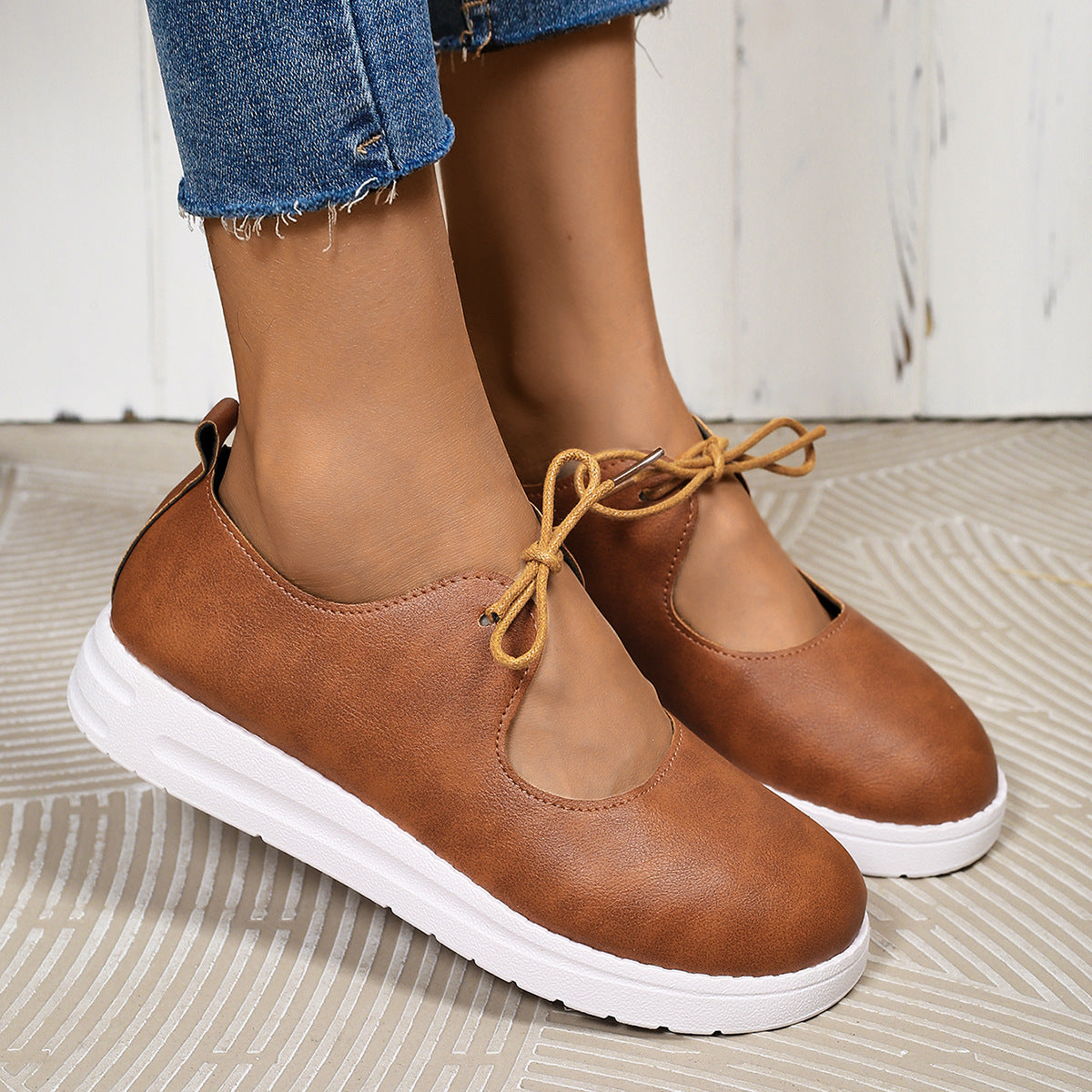 Round toe front strap solid color casual single shoe for women - Korvel
