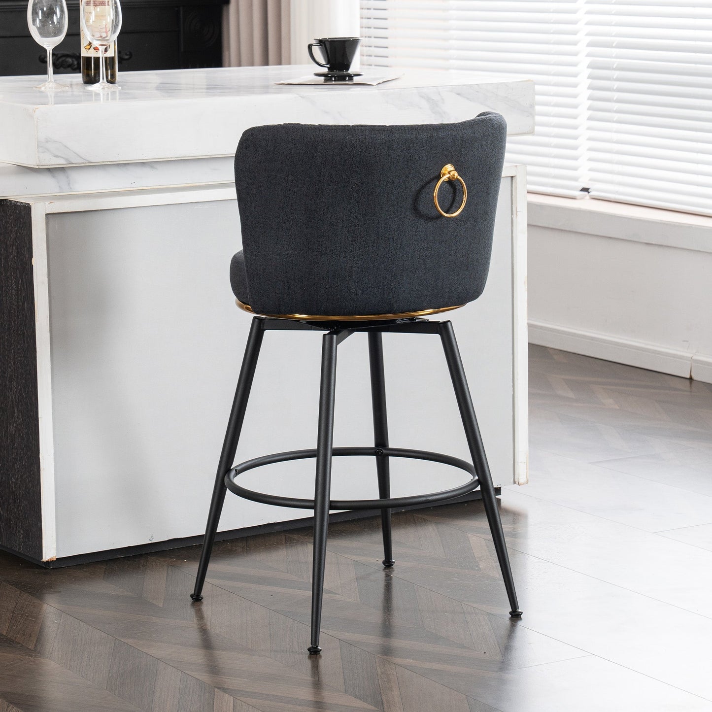 A set of 2 gray rotating bar stools - high backrest, adjustable, with elegant metal backrest decoration - Korvel