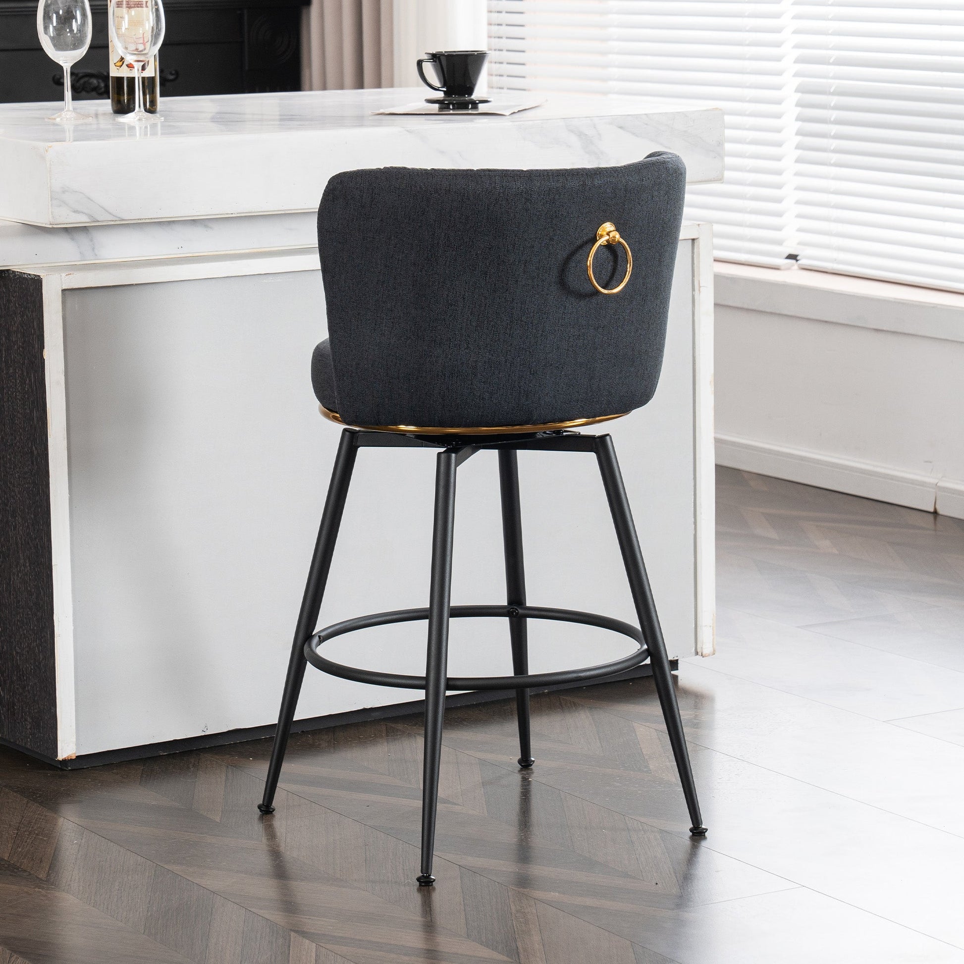A set of 2 gray rotating bar stools - high backrest, adjustable, with elegant metal backrest decoration - Korvel