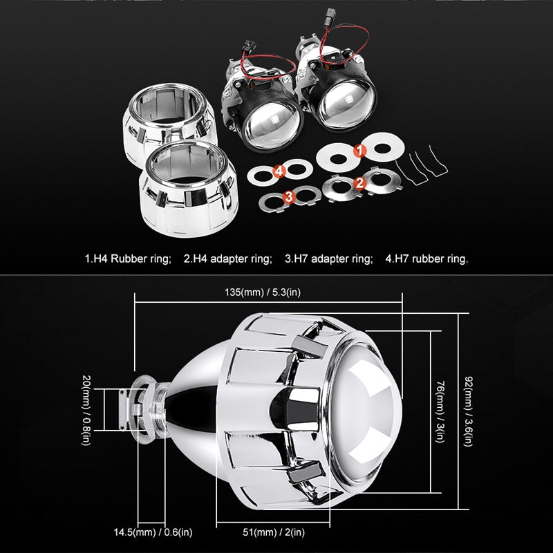 RACBOX 2Pcs 2.5 Inch Universal Bi Xenon HID Projector Lens Silver Black Shroud H1 Xenon LED Bulb H4 H7 Motorcycle Car Headlight - Korvel