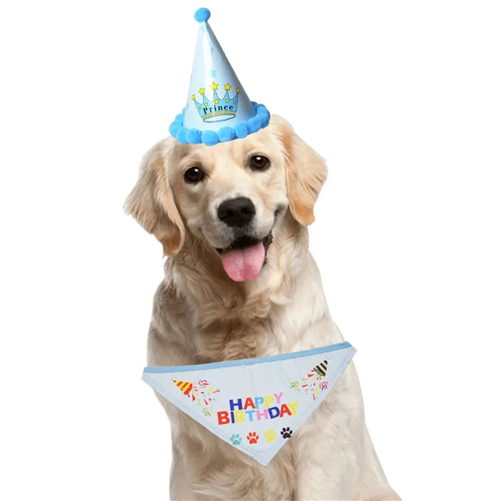 2Pcs/Set Dog Hat Bib Dog Birthday Bandana Scarf Adjustable Bandana Neckerchief Cat Dog Birthday Bib Hat Pet Supplies - Korvel