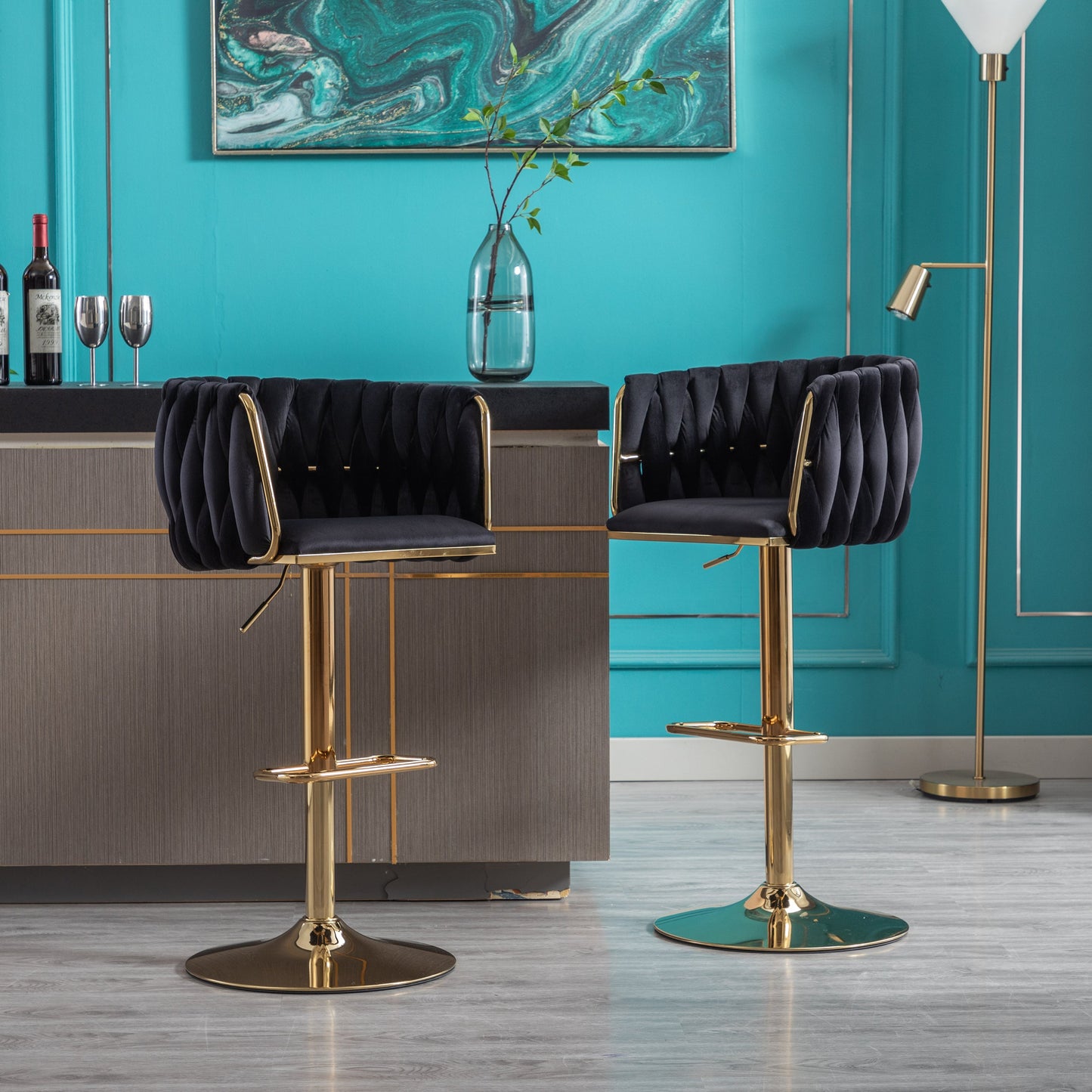 Set of 2 Adjustable Bar Stools with Chrome Footrest - Black Velvet