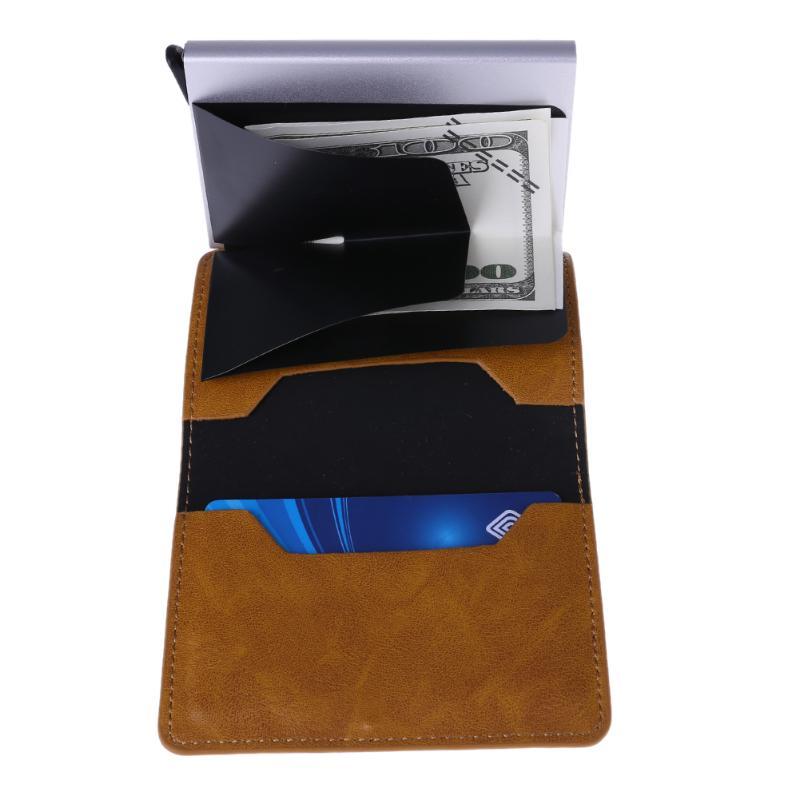 Male Metal Card Holder RFID Aluminium Alloy Credit Card Holder PU Leather Wallet Antitheft Men Wallet Automatic Pop Up Card Case - Korvel