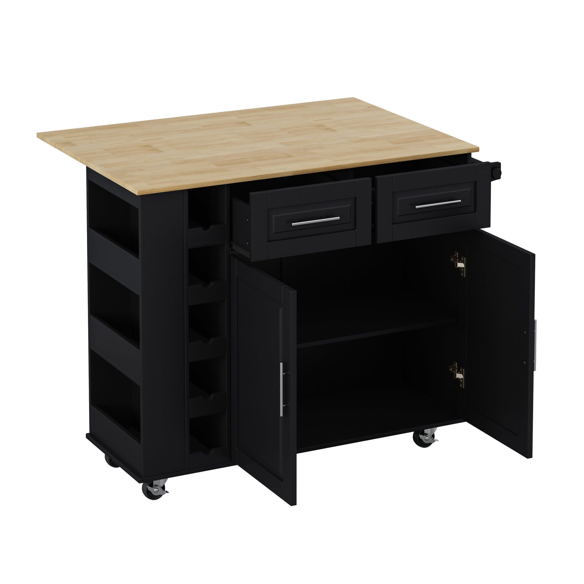 Multi-Functional Kitchen Island Cart with 2 Door Cabinet and Two Drawers,Spice Rack, Towel Holder, Wine Rack, and Foldable Rubberwood Table Top (Black) - Korvel