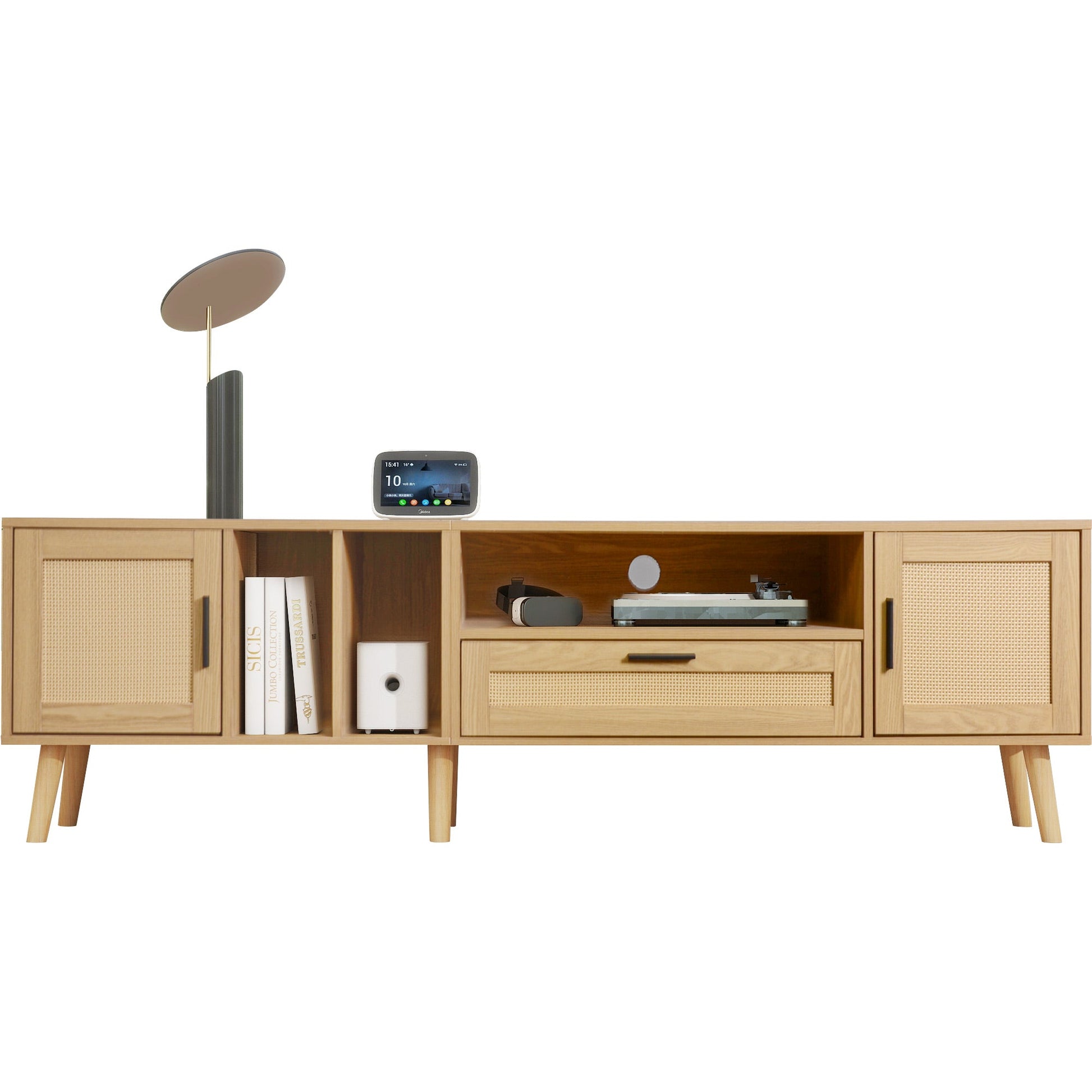 Vine TV stand with 2 cabinets and 2 open shelves, suitable for TVs under 80 inches, with solid wood legs for TV cabinets - Korvel