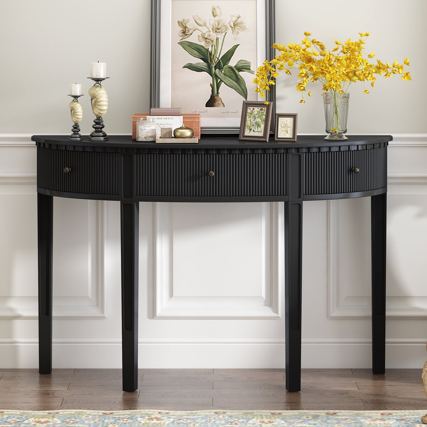 U-Style Distinctive Features of Pine Veneer Console Table with Vertical Stripe Drawer Fronts and Four Legs - Korvel