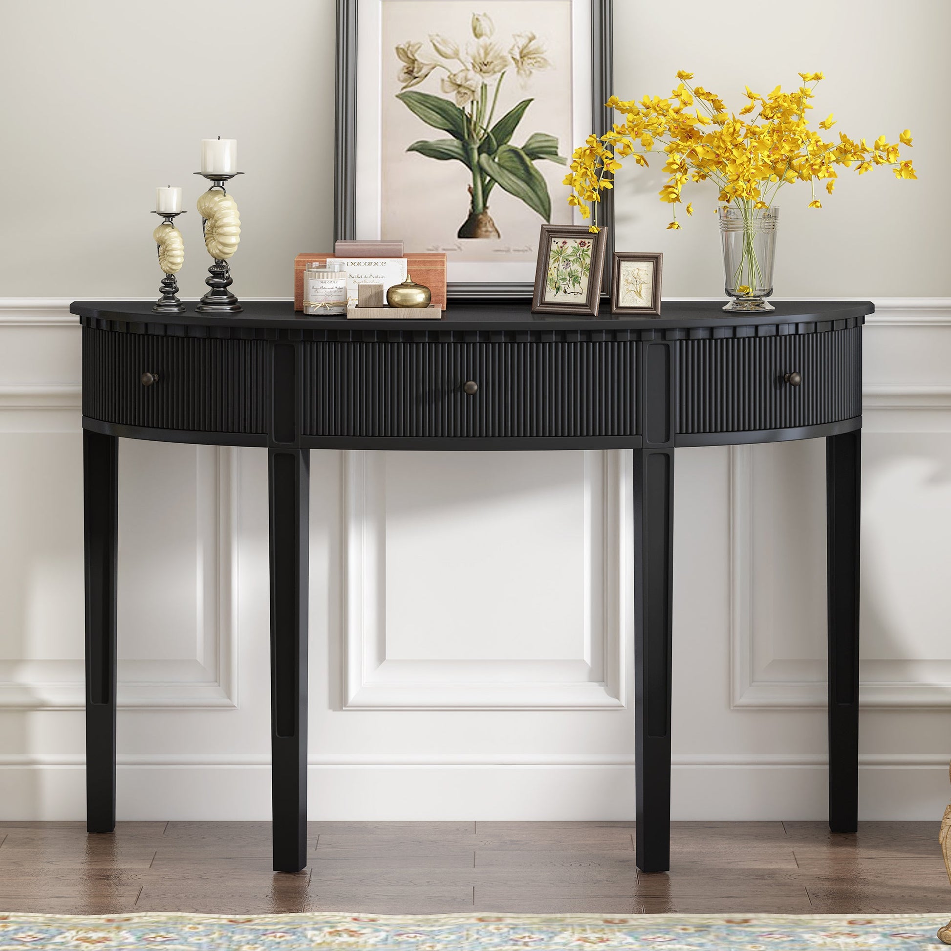 U-Style Distinctive Features of Pine Veneer Console Table with Vertical Stripe Drawer Fronts and Four Legs - Korvel