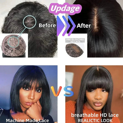 Middle Part HD Lace Wig - Bone Straight Human Hair Bob with Bangs