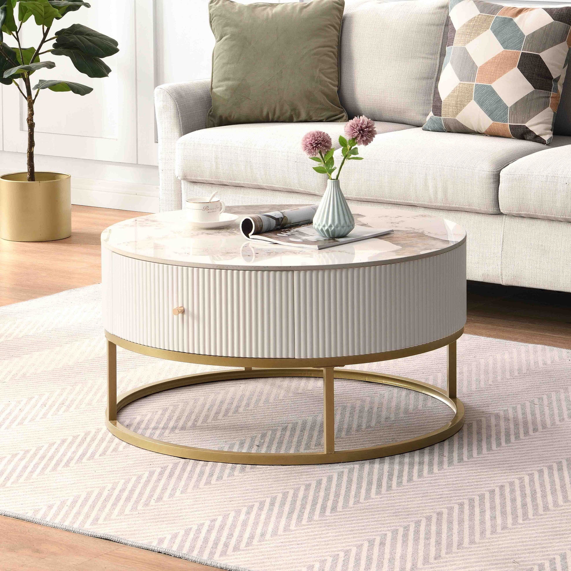 31.5 Inch Modern Round Coffee Table with Drawers, Marble Table with Storage, Coffee Table for Living Room - Korvel