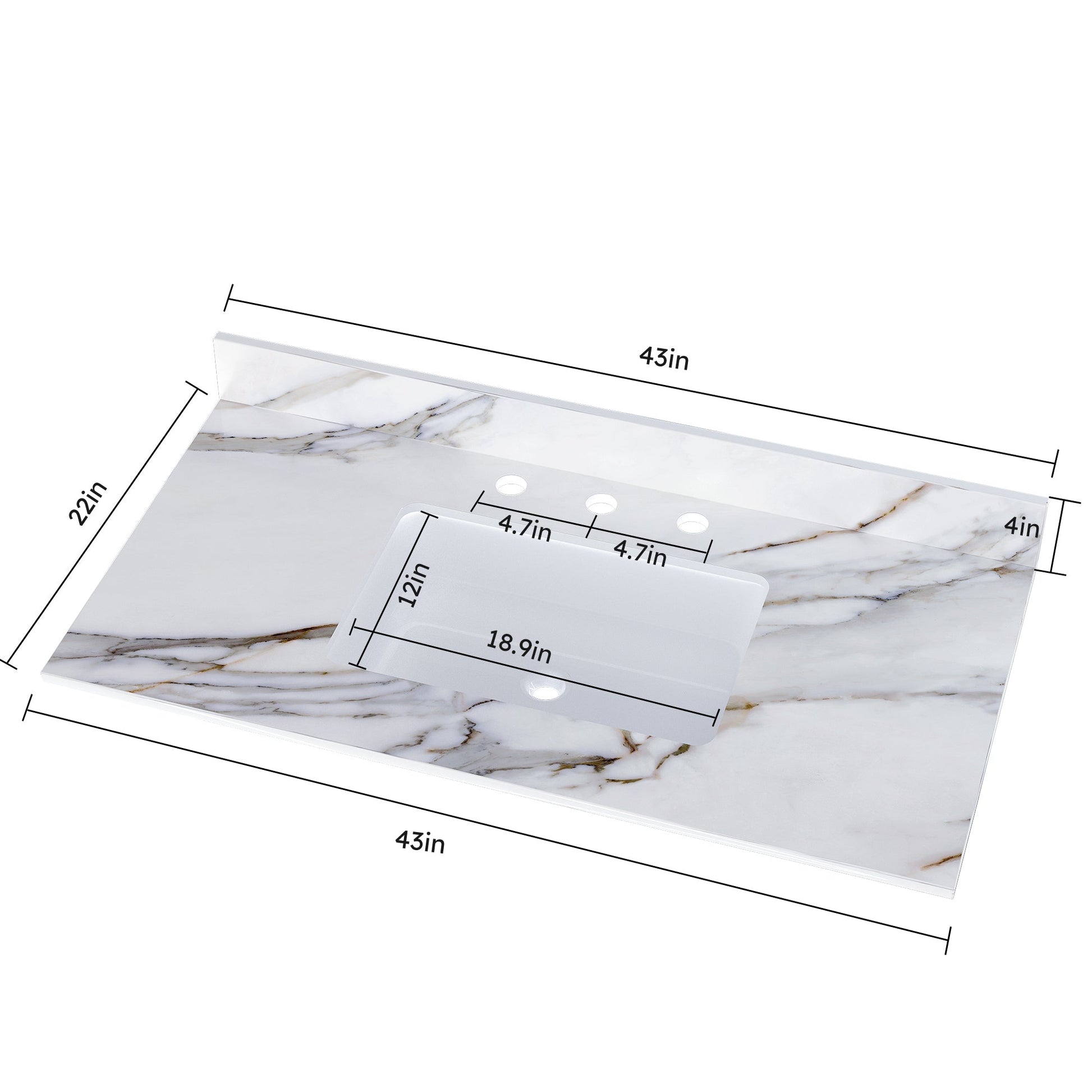 43 inch marble countertop with base rectangular central sink and 4-inch high splash guard, pre drilled 8-inch faucet hole ，white - Korvel