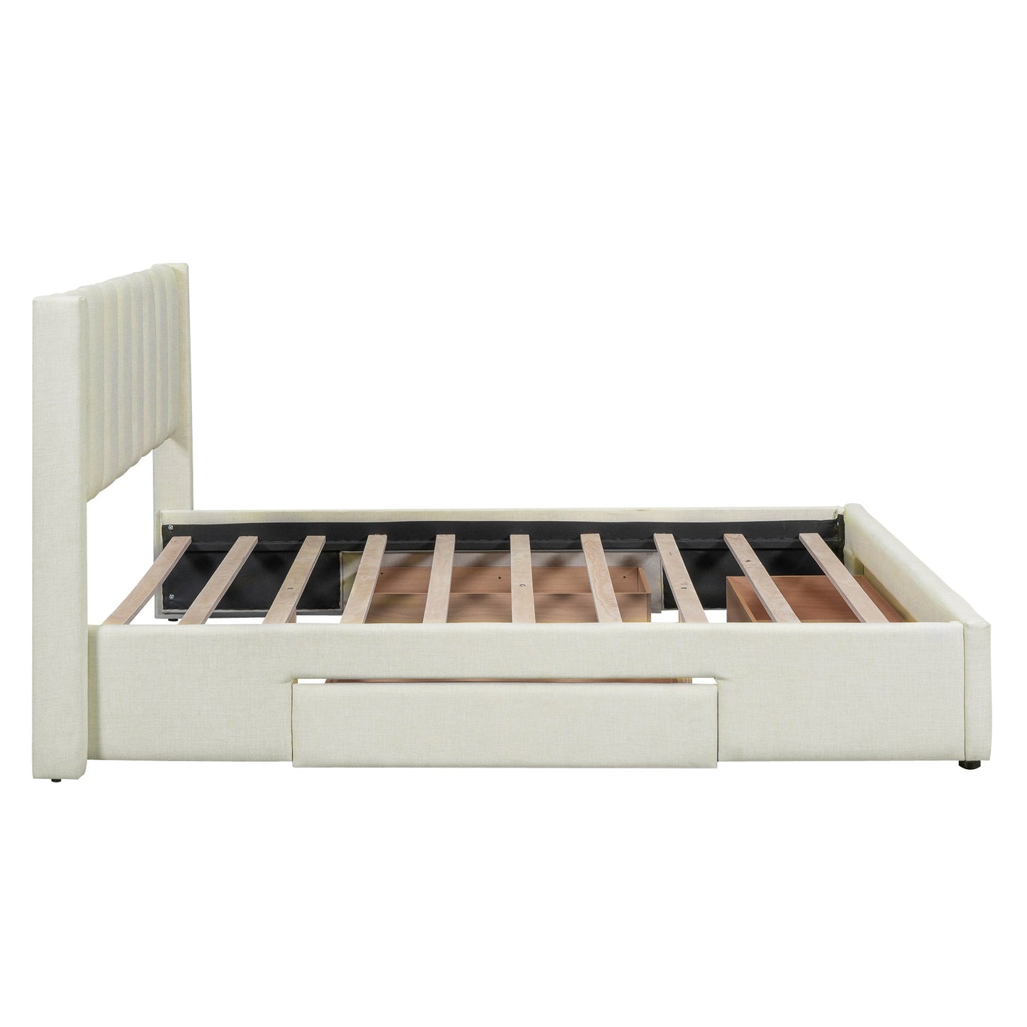 Full Size Upholstered Platform Bed with One Large Drawer in the Footboard and Drawer on Each Side Beige - Korvel