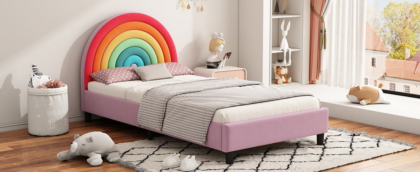 Rainbow Design Upholstered Twin Platform Bed Cute Style Princess Bed for Boys & Girls, Teens, Colorful & Pink - Korvel