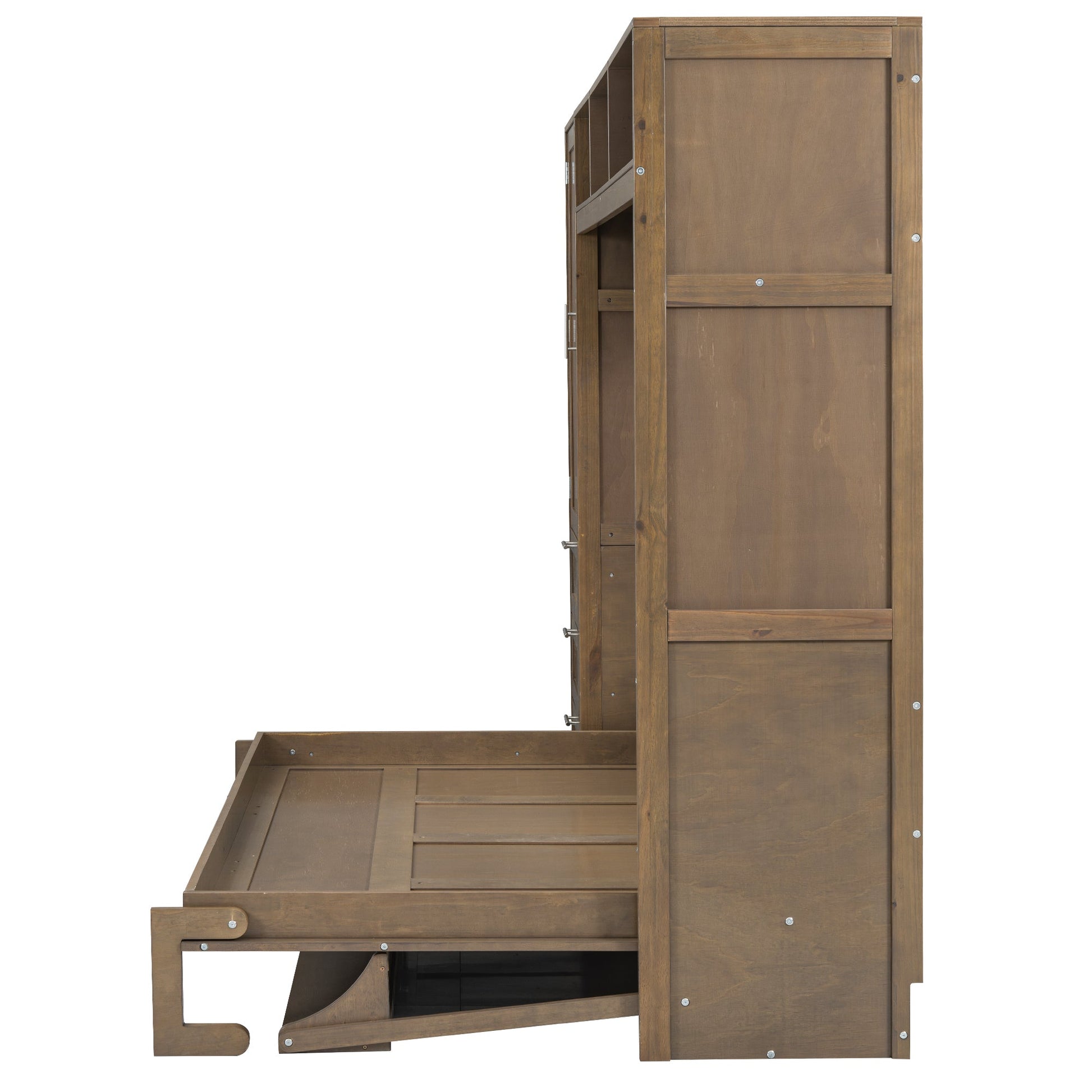 Full Size Murphy Bed with Wardrobe, Drawers and Open Shelves, Antique Grey - Korvel