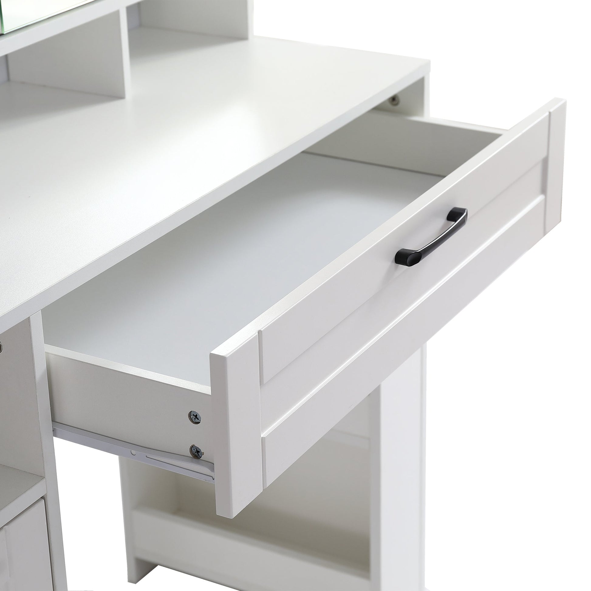 Vanity table with large sliding lighted mirror dressing table with 2 drawers storage shelves and upholstered stool white color - Korvel