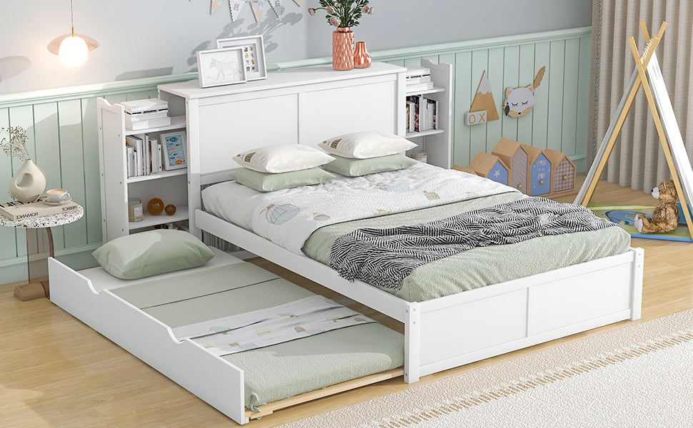 Full Size Storage Platform Bed with Pull Out Shelves and Twin Size Trundle, White - Korvel