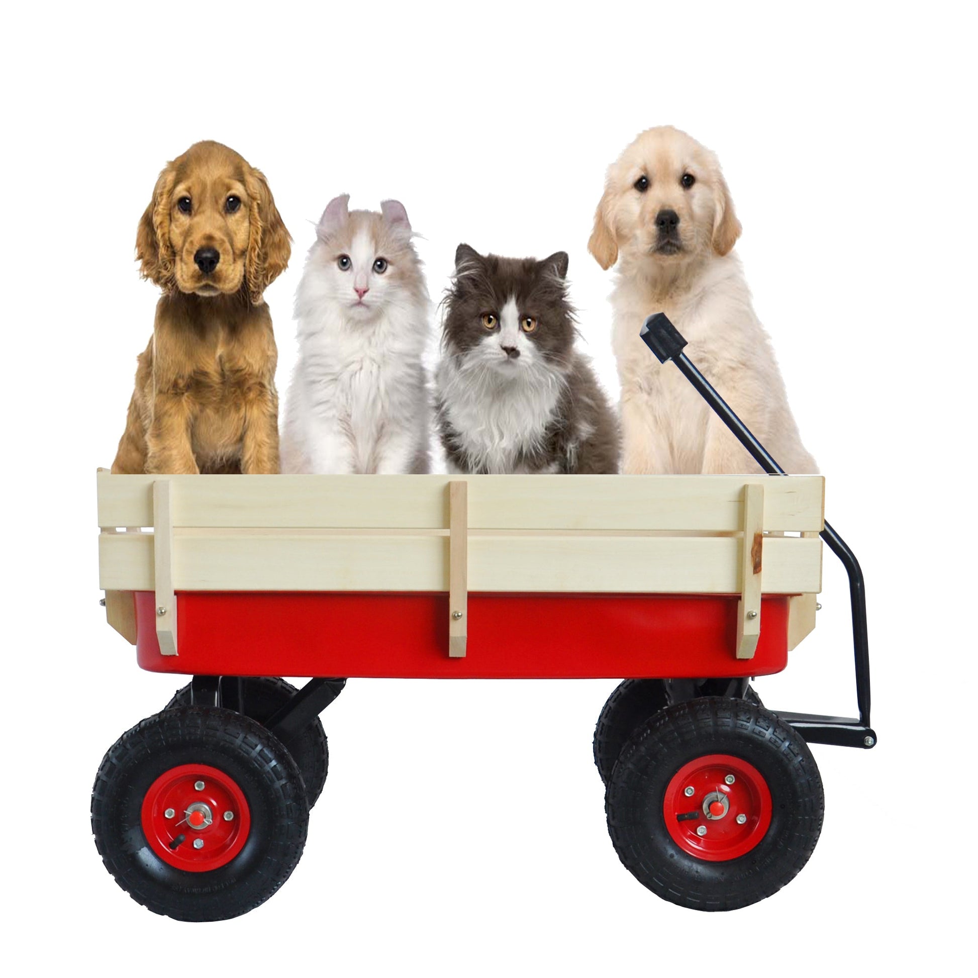 Outdoor Wagon All Terrain Pulling w/Wood Railing Air Tires Children Kid Garden（Red） - Korvel