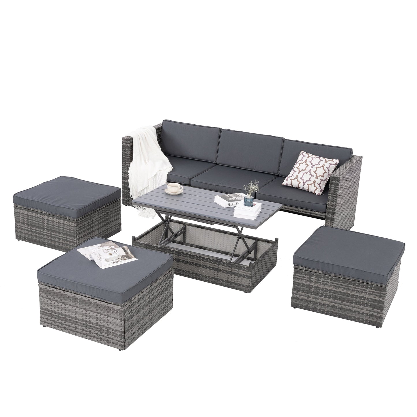 Patio Furniture, Outdoor Furniture, Seasonal PE Wicker Furniture,5 Set Wicker Furniture With Plywood Coffee Table - Korvel