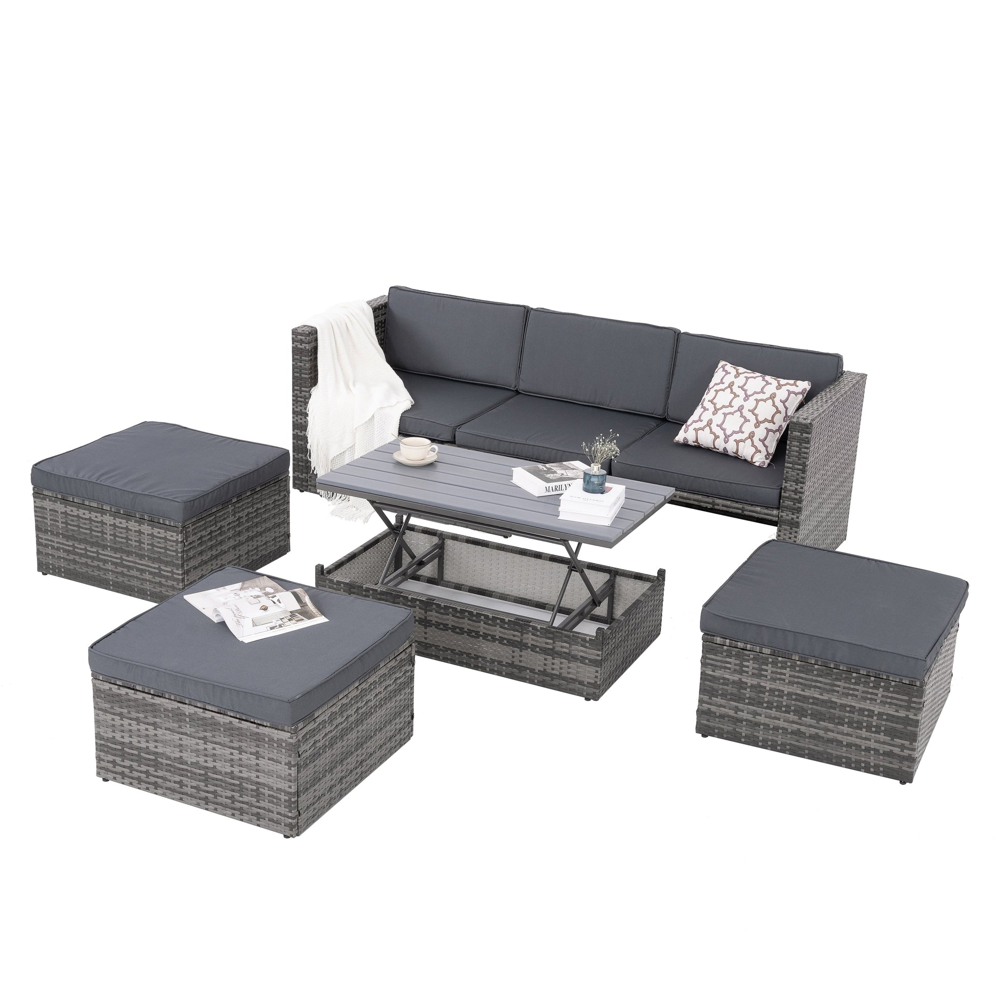 Patio Furniture, Outdoor Furniture, Seasonal PE Wicker Furniture,5 Set Wicker Furniture With Plywood Coffee Table - Korvel