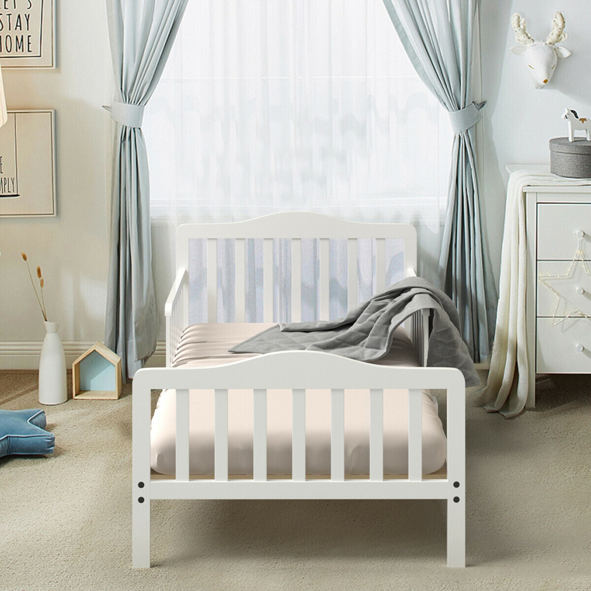 Classic Wood Toddler Bed Frame with Safety Guardrails - White