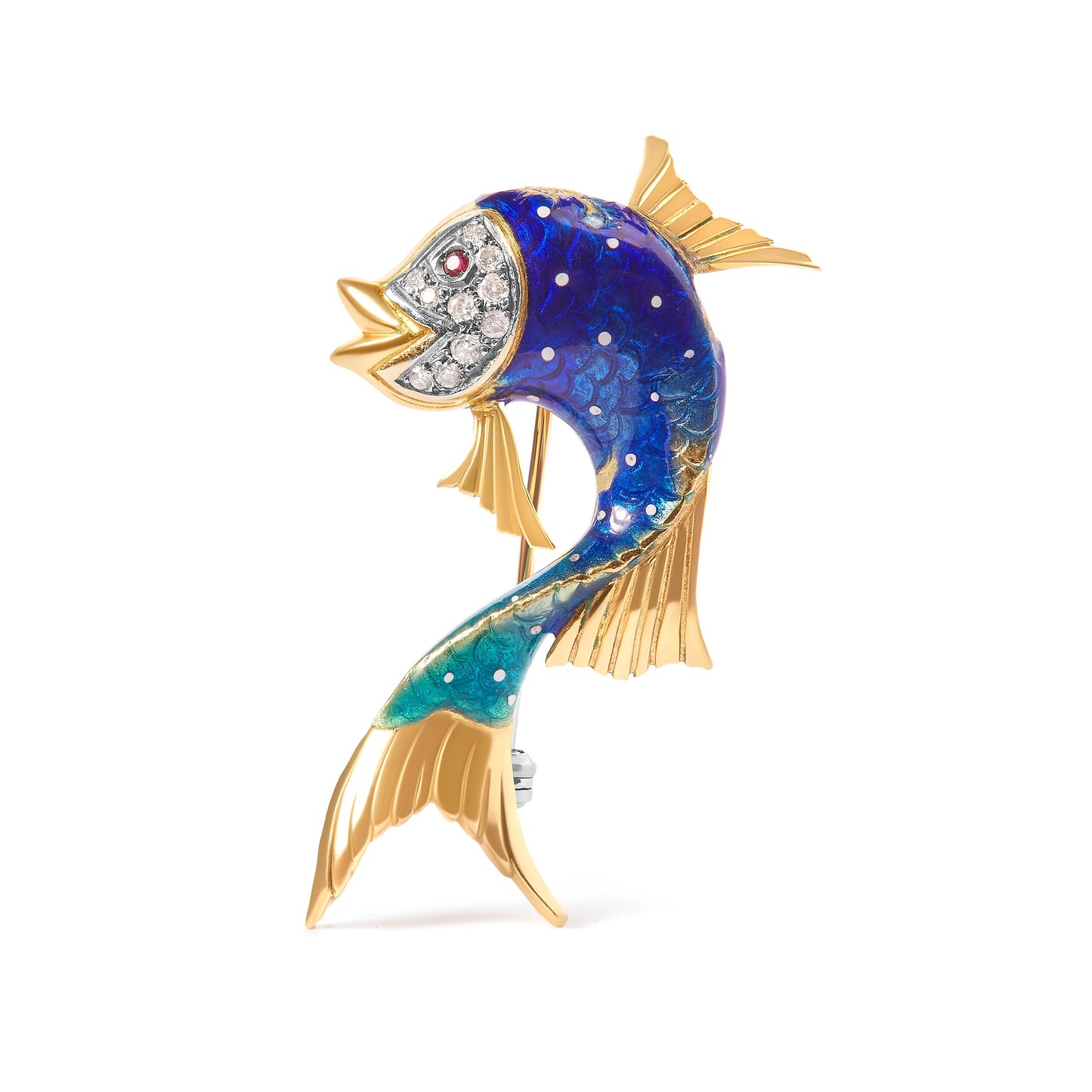 Elegante broche de pez de oro amarillo de 18 quilates con diamantes y zafiros