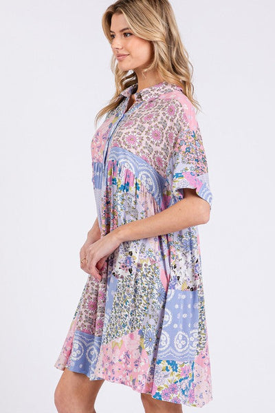 Pink Floral Collared Neck Half Sleeve Mini Shirt Dress
