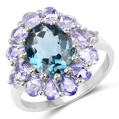 Bague en argent sterling avec topaze bleue de Londres et tanzanite de 5,41 carats