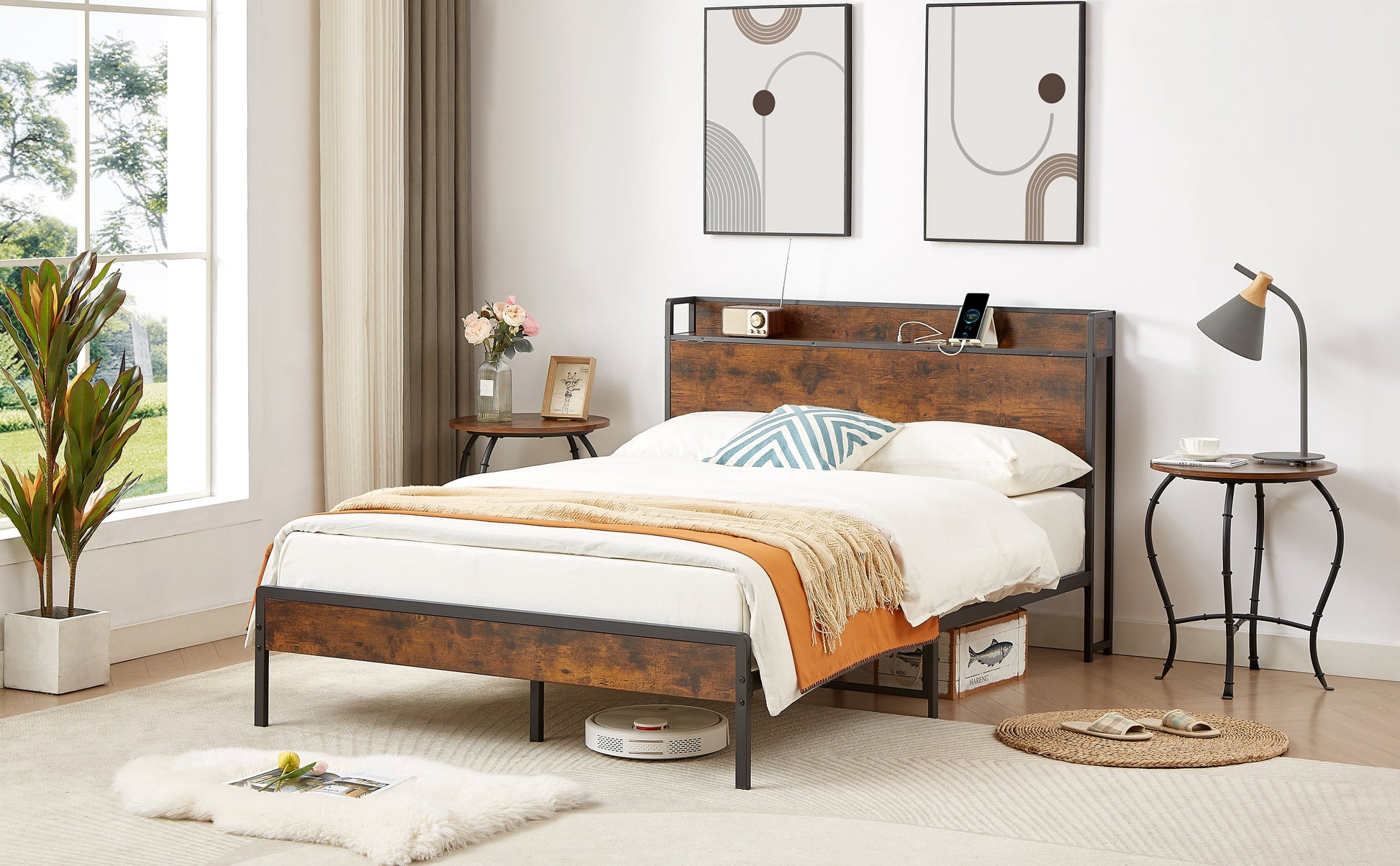 Bed frame with charging station full size, Rustic Brown, 83.1'' L x 56.1'' W x 39'' H - Korvel