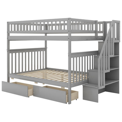 Full over Full Bunk Bed with Two Drawers and Storage, Gray - Korvel