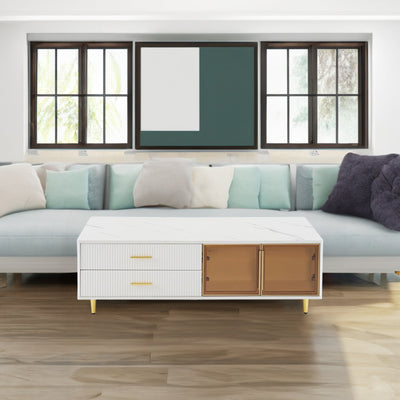 Modern White Coffee Table with 2 Glass Door Storage, 4 Drawers, Gold Metal Legs, and Multi-Color Lighting in 47.2' - Korvel