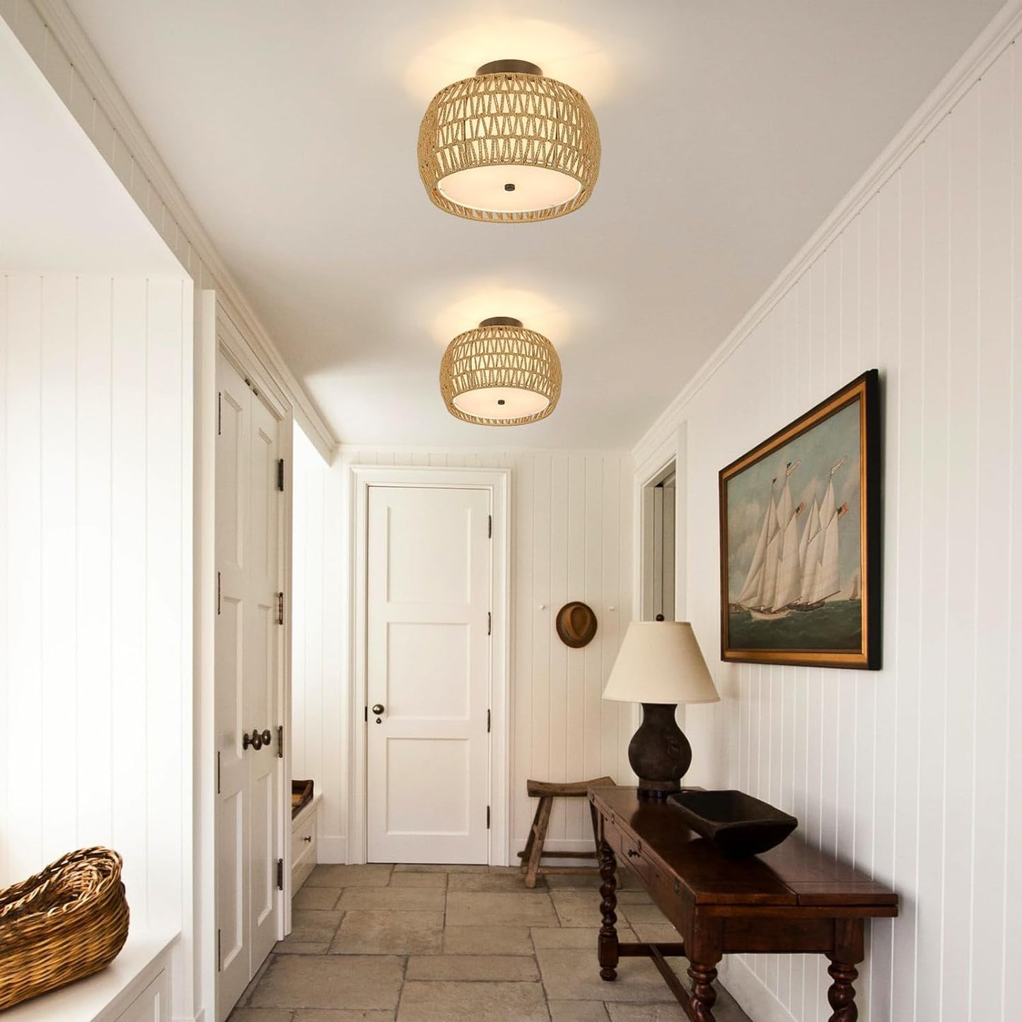Applique de plafond semi-encastrée en rotin Boho