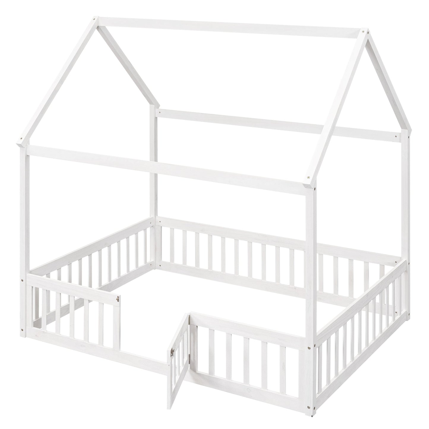 Full Size Wood House Bed with Fence and Door White Wash - Korvel