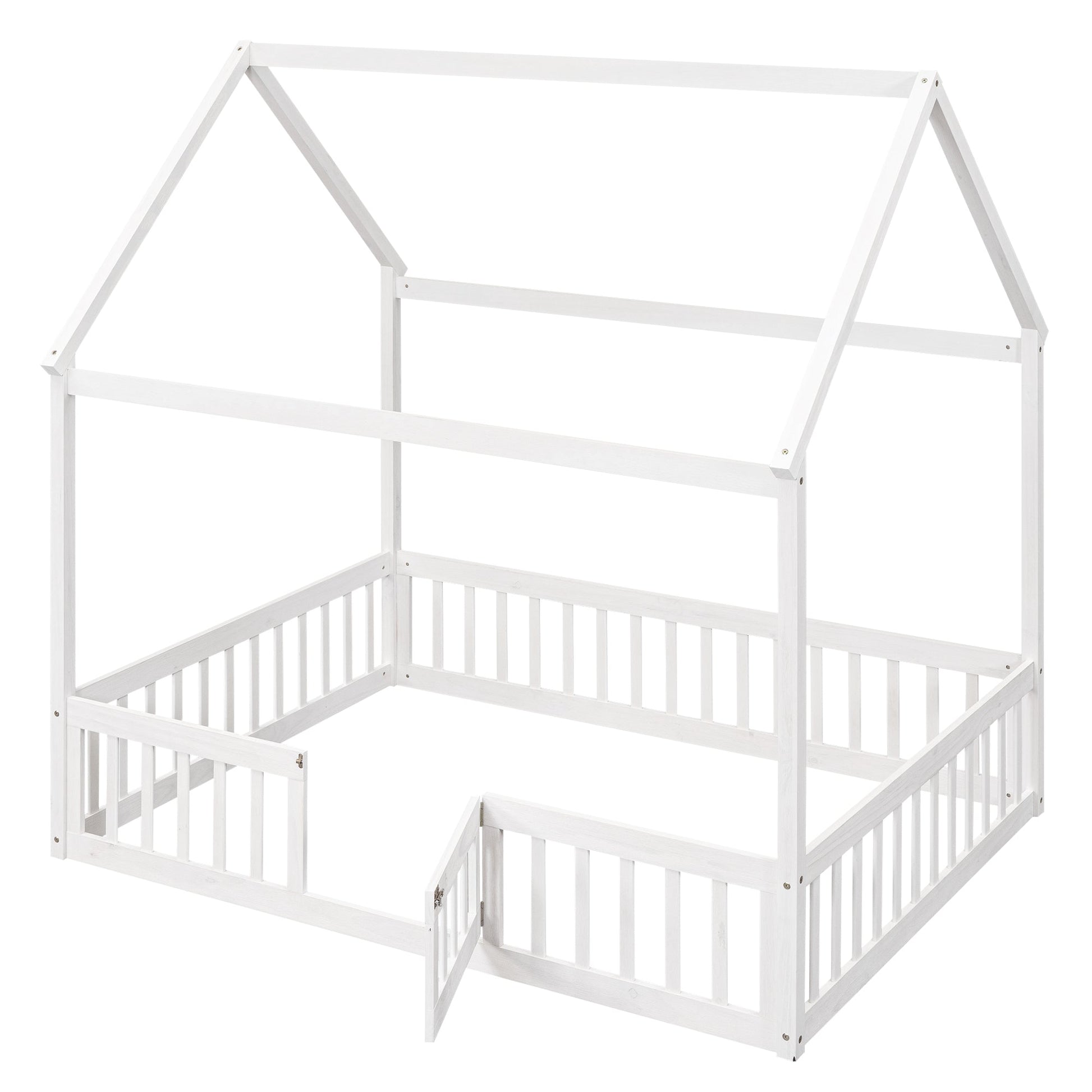 Full Size Wood House Bed with Fence and Door White Wash - Korvel