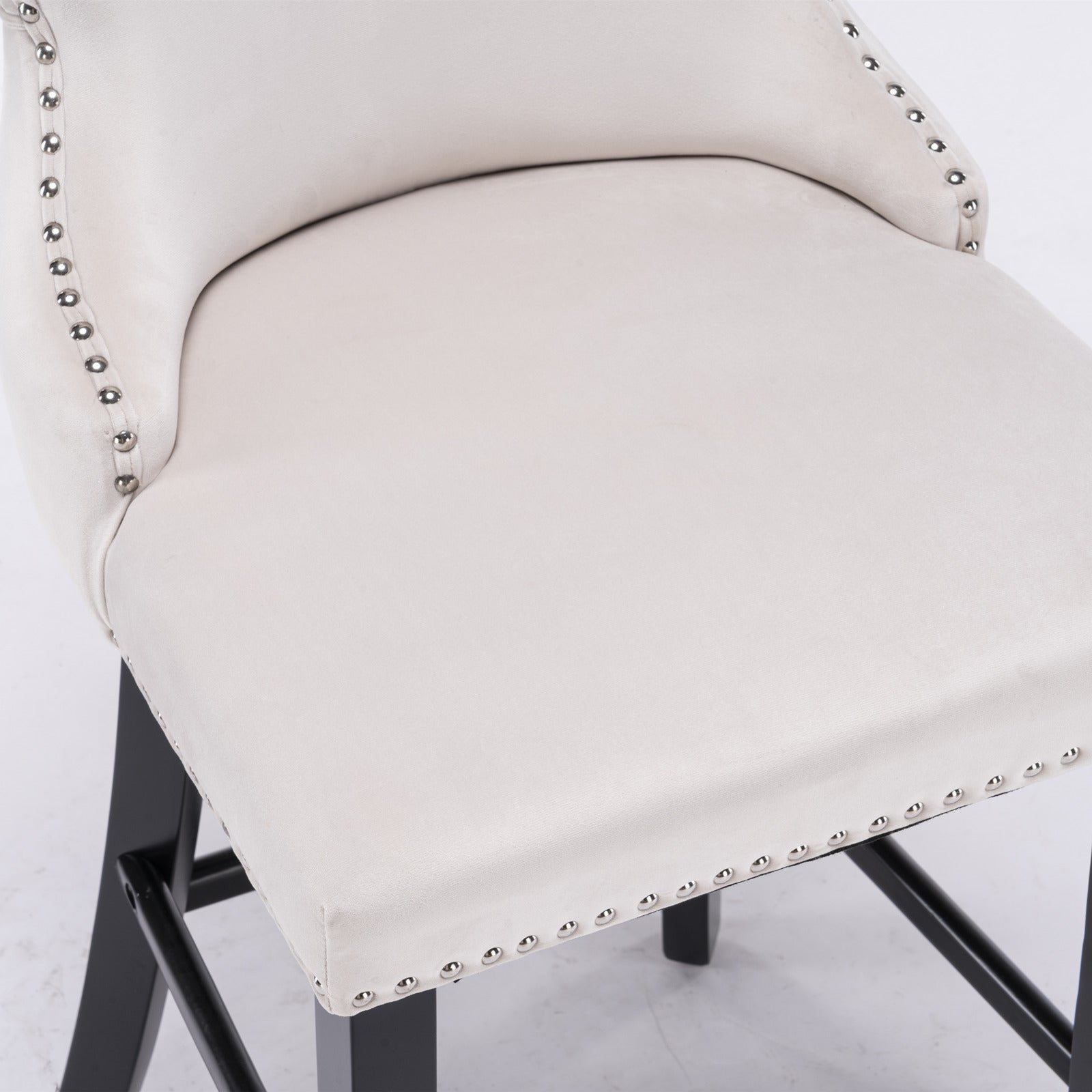 Velvet padded wing back bar stool with button tuft decoration and wooden leg chrome nail head decoration 2-piece set (beige) - Korvel