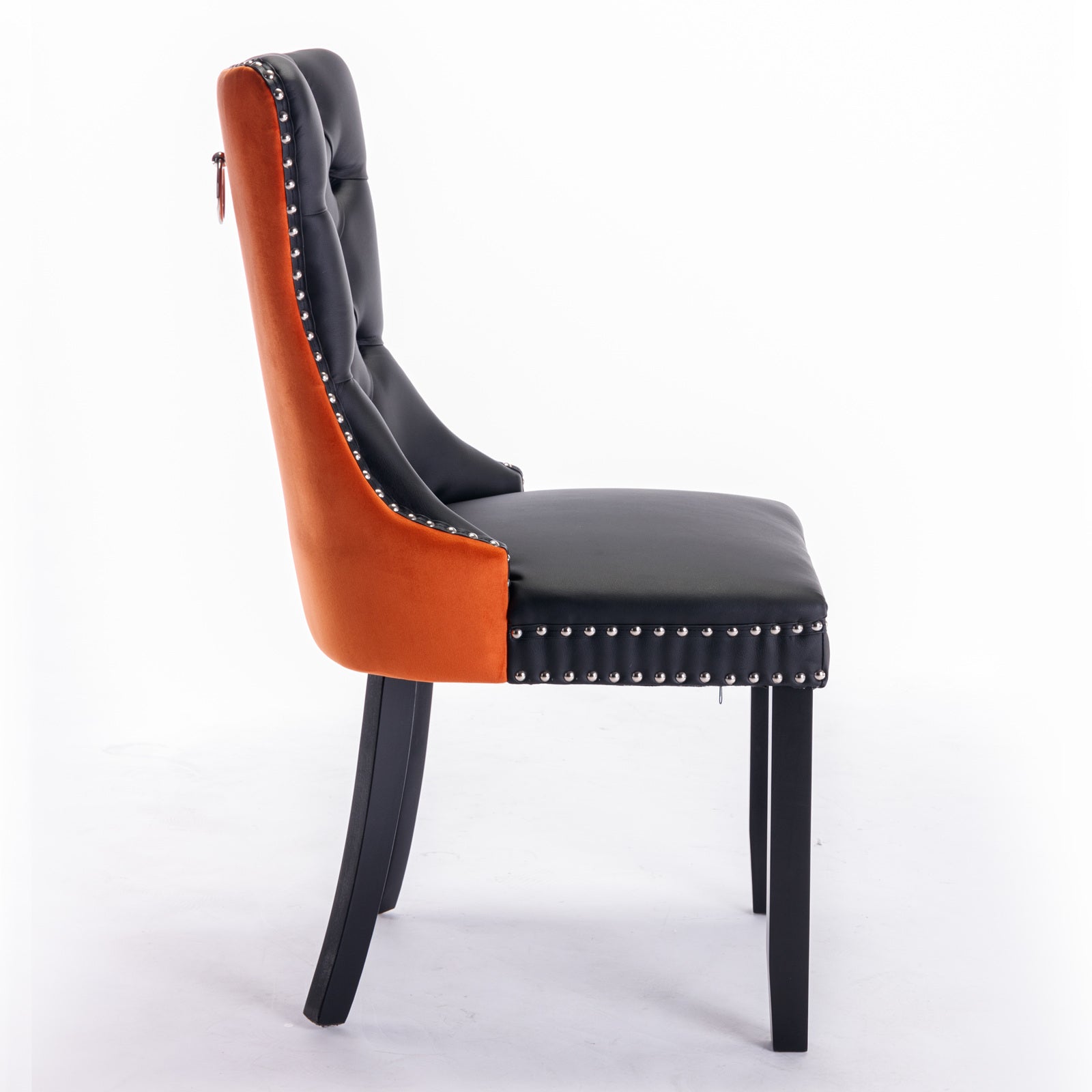 Tufted Solid Wood Contemporary PU and Velvet Upholstered Dining Chair with Wood Legs Nailhead Trim 2-Pcs Set Black+Orange - Korvel