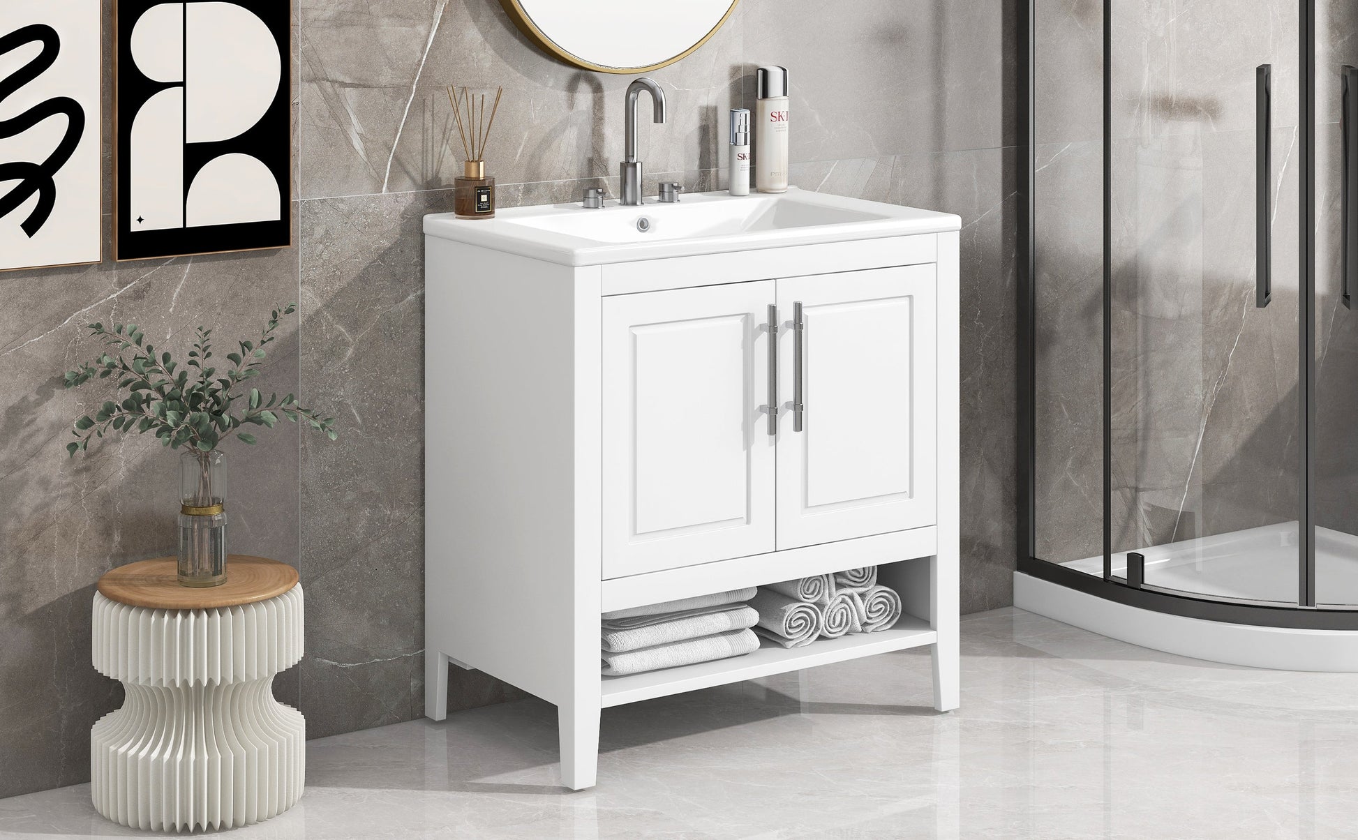 30" Bathroom Vanity with Sink  Multi-functional Bathroom Cabinet with Doors and Drawers Solid Frame and MDF Board, White - Korvel