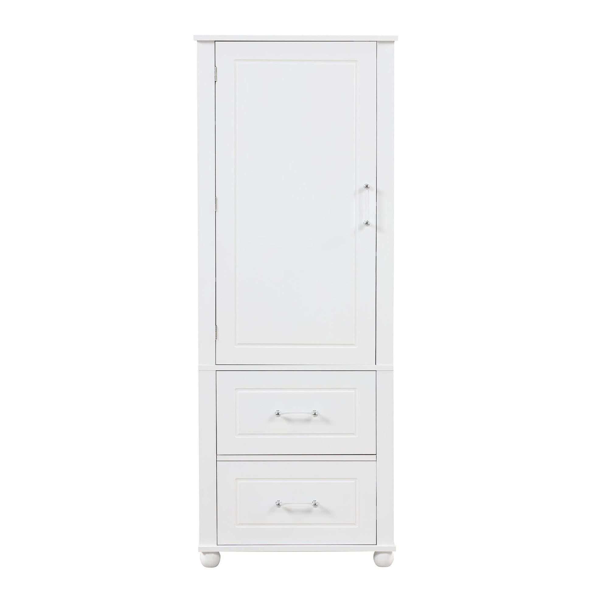 Tall bathroom storage cabinet with two drawers and adjustable shelves for independent storage - Korvel