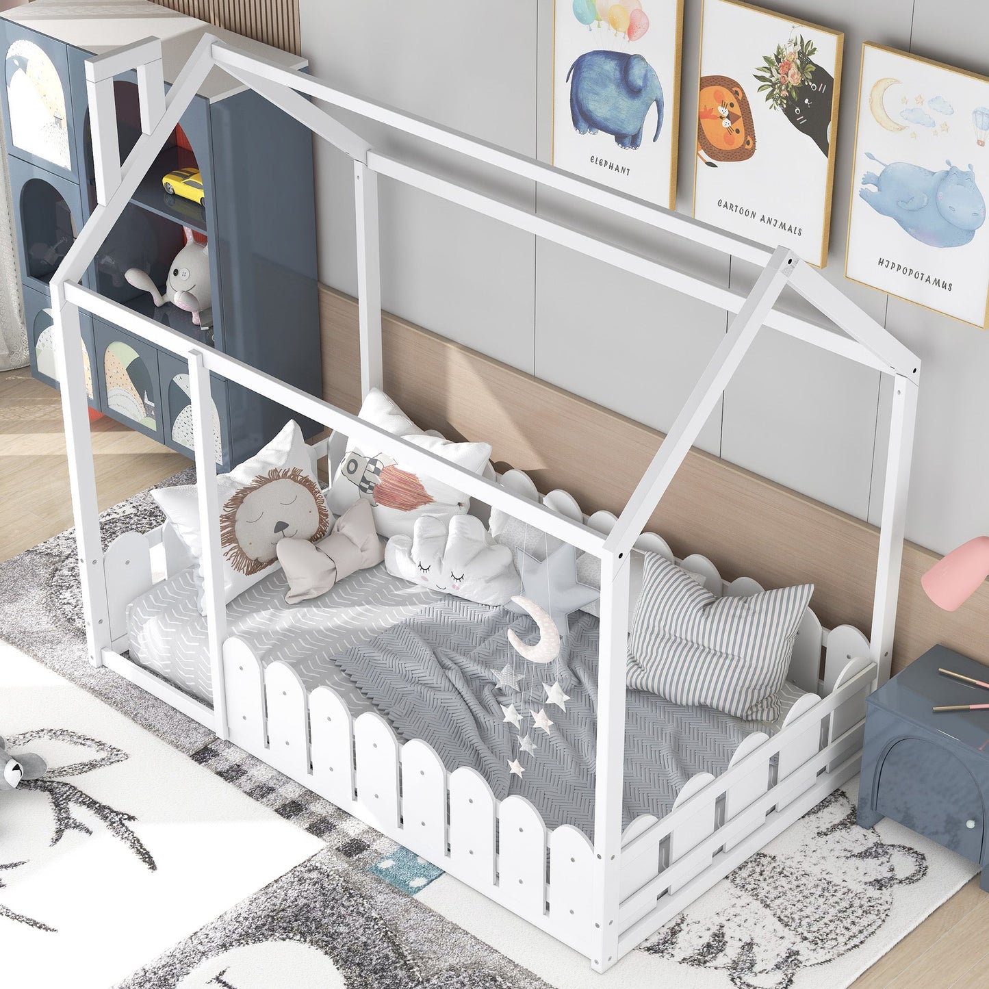 Cama de Madera en Forma de Casa para Niños de Tamaño Individual - Blanca