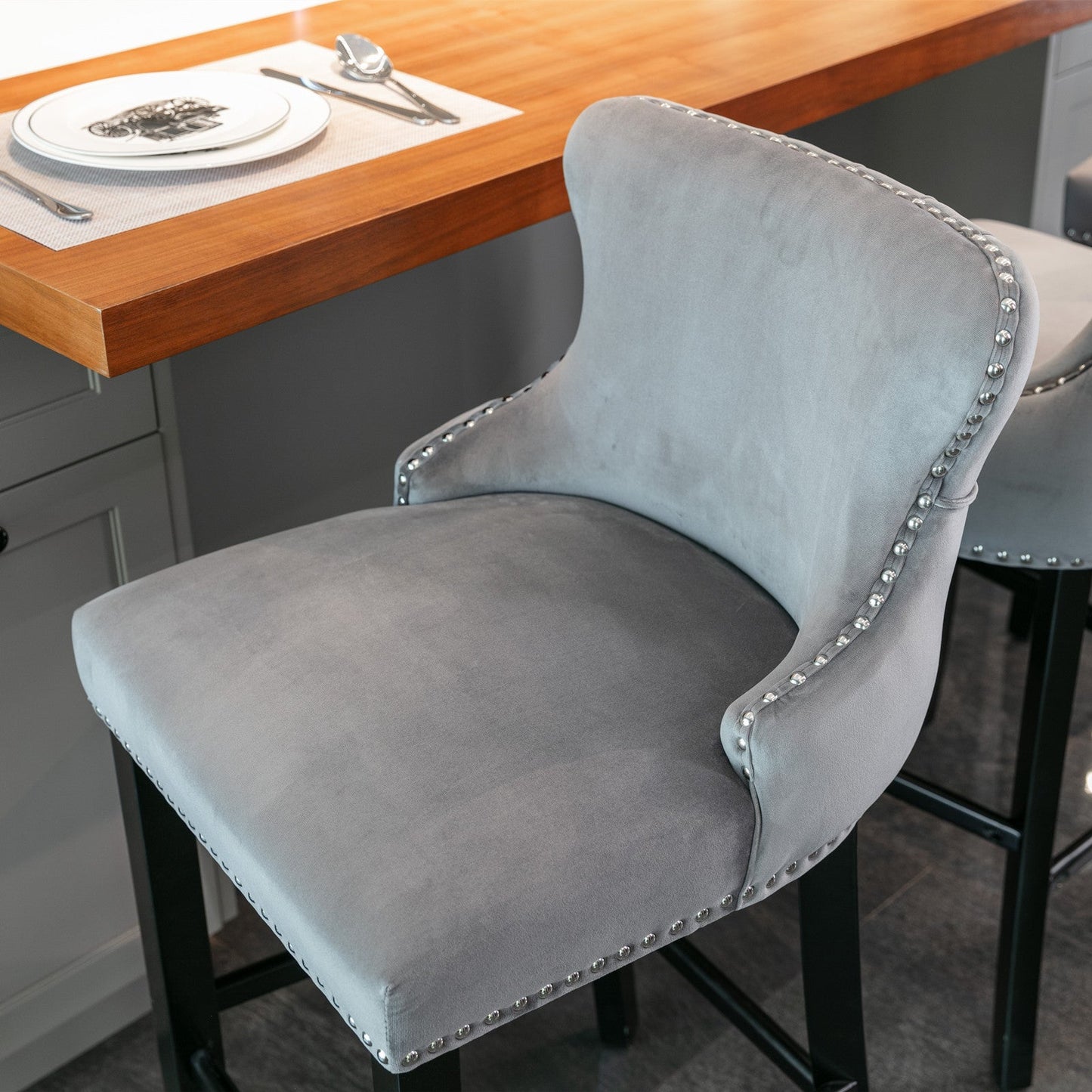 Conjunto de Taburetes de Barrotes de Terciopelo Contemporáneo - Gris