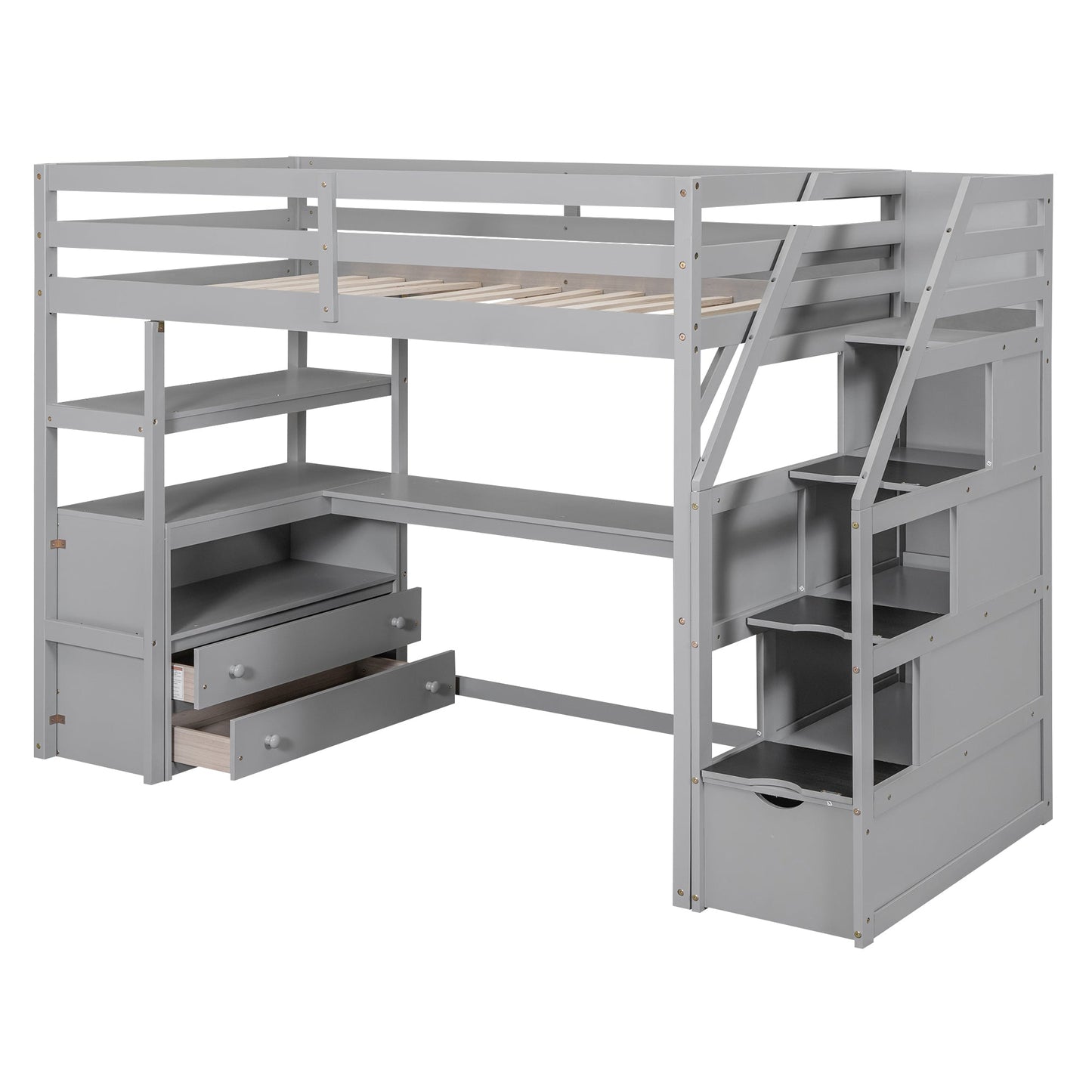 Twin Size Loft Bed with Desk and Shelves Two Built-in Drawers, Storage Staircase Gray - Korvel