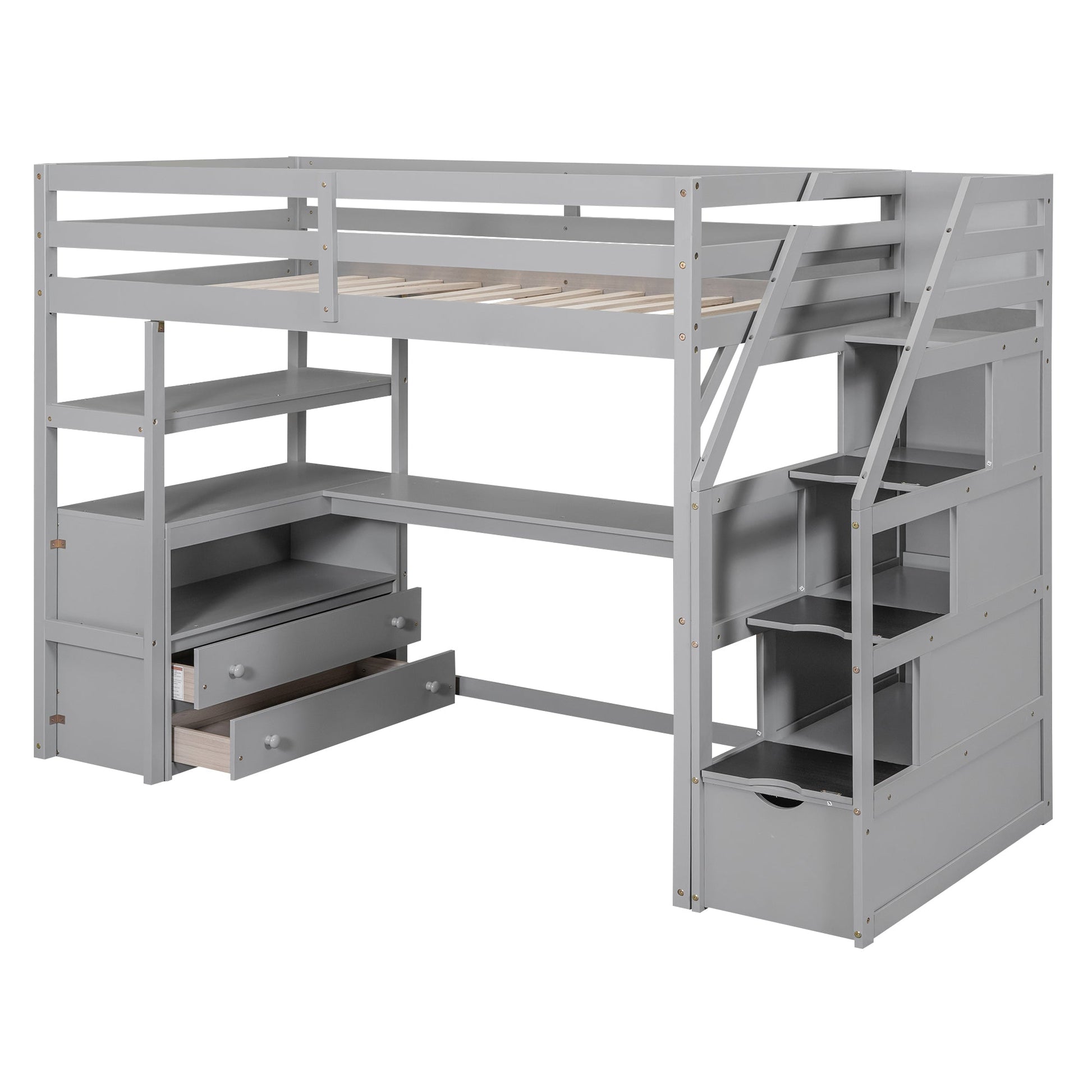 Twin Size Loft Bed with Desk and Shelves Two Built-in Drawers, Storage Staircase Gray - Korvel