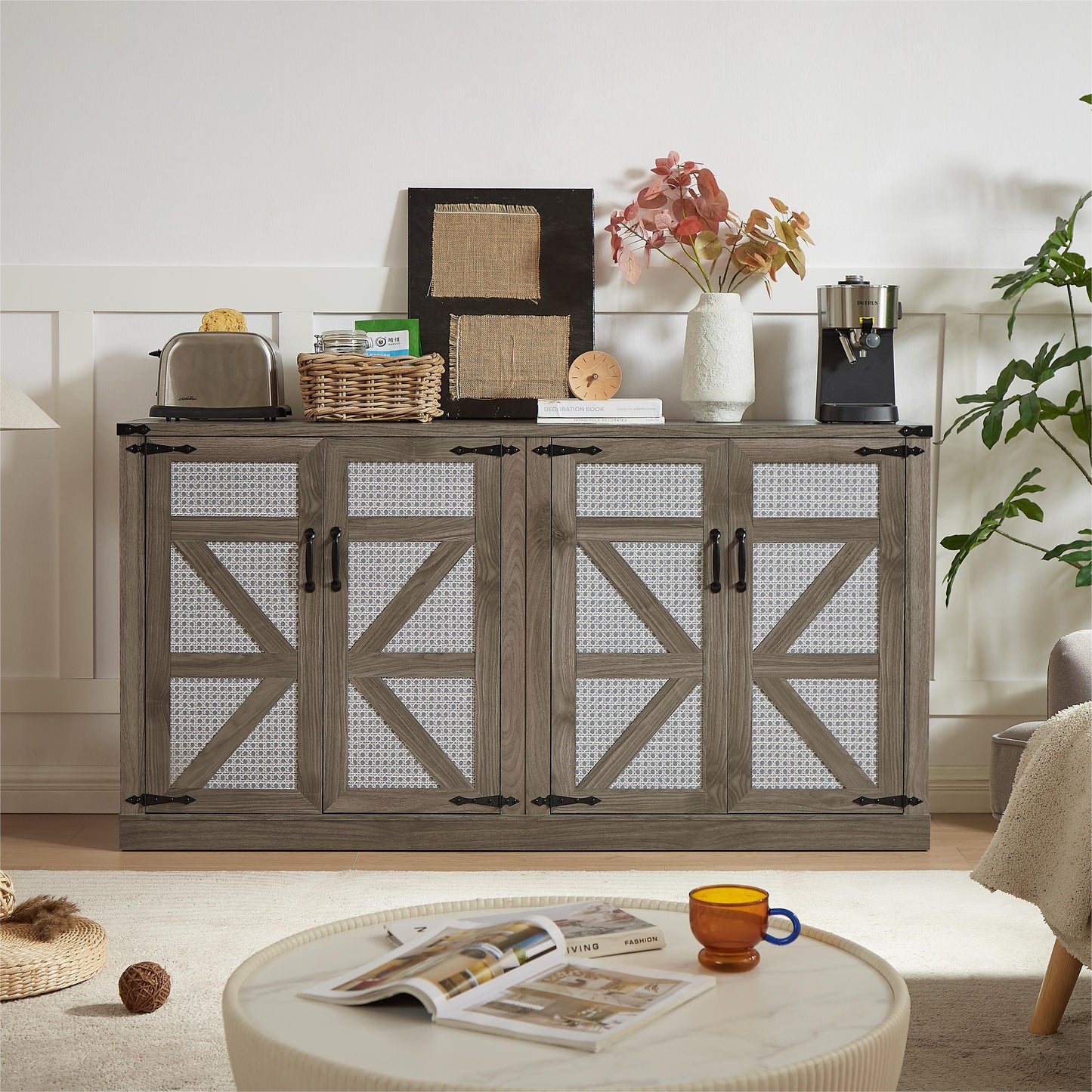 65-Inch Slate Gray Faux Rattan Sideboard with Barn Doors