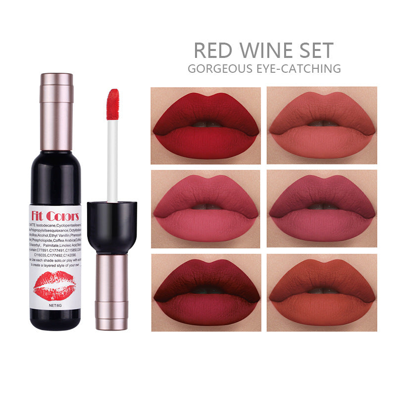 Set de Brillo de Labios Mate Fit Colors Botella de Vino Rojo - 6 Pcs