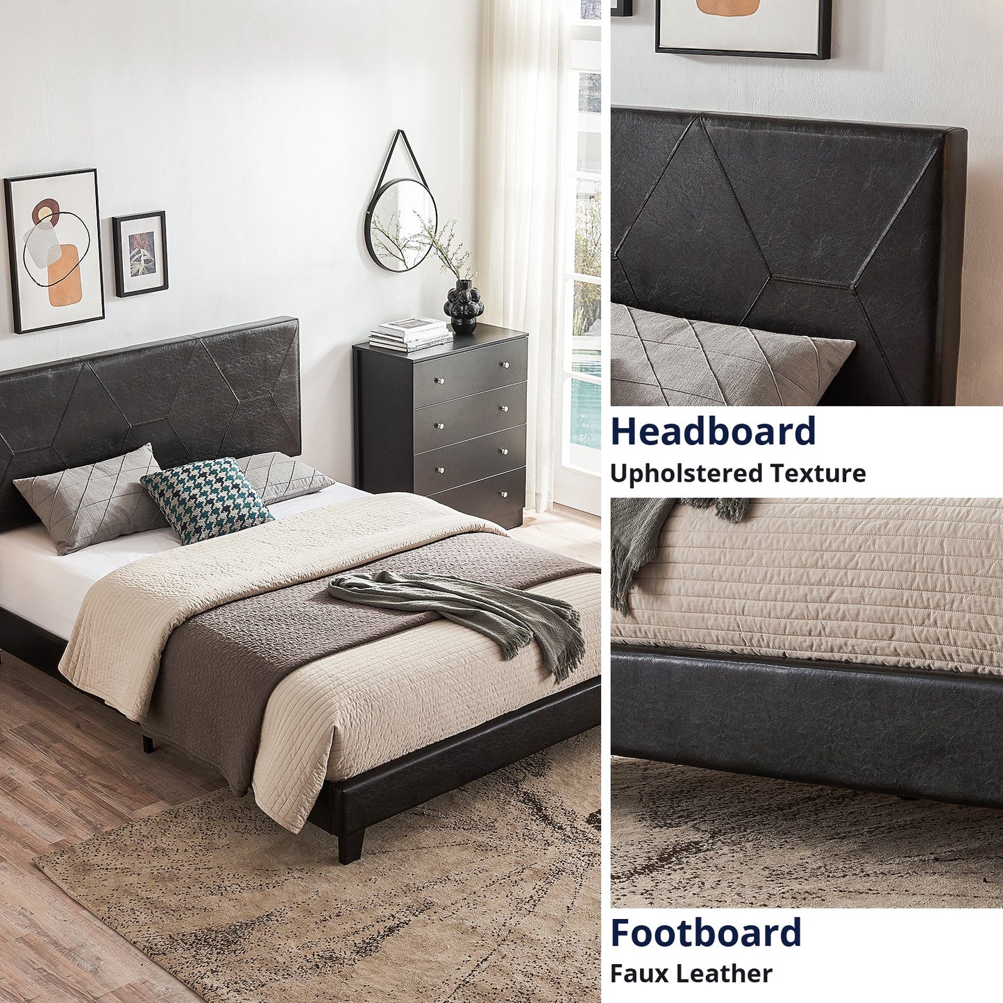 Queen Size Upholstered Platform Bed Frame Wood Slat Support Easy Assembly Black pu - Korvel