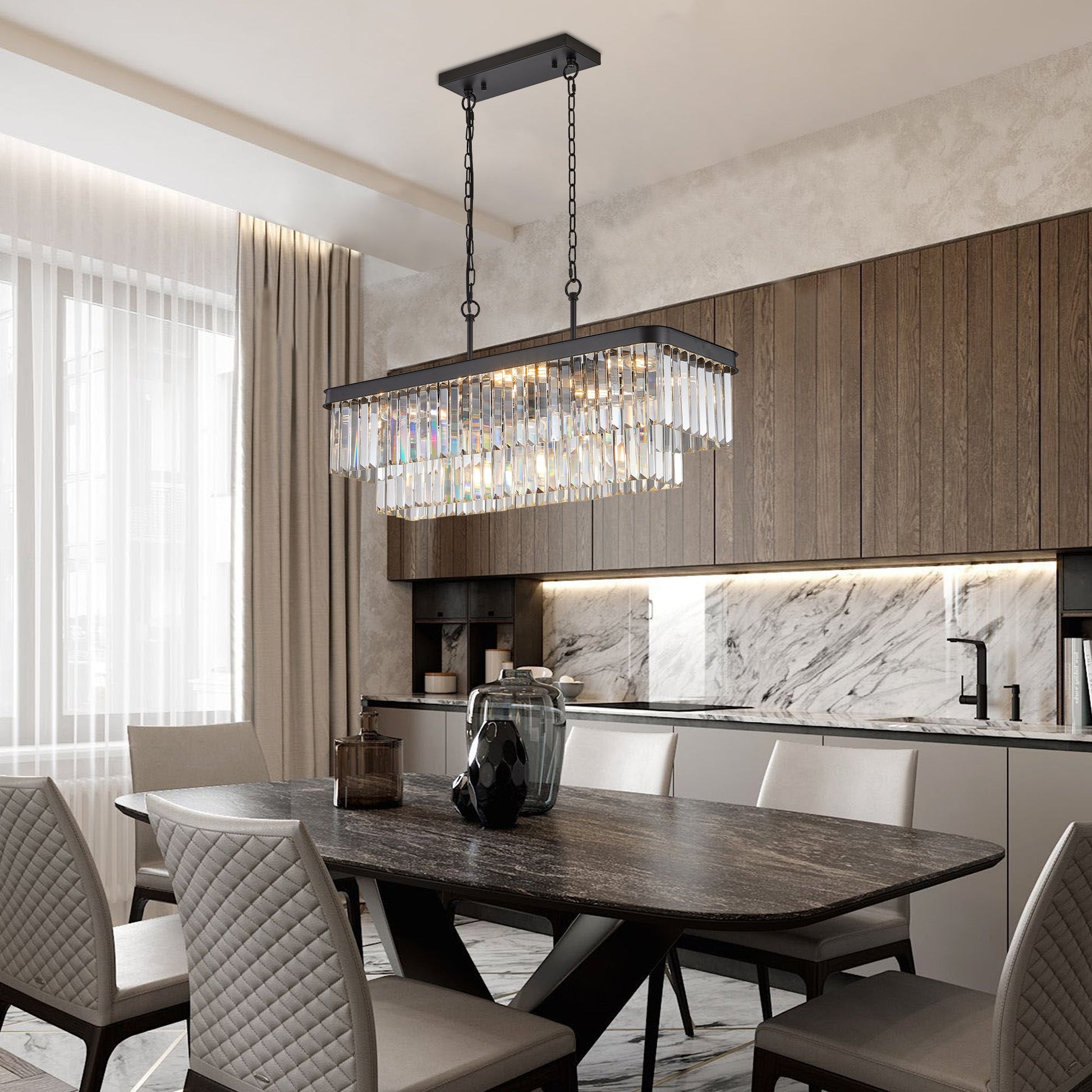 Chandeliers,Rectangular Crystal Chandelier Adjustable,E12 Modern Industrial Crystal Lights (Bulb Not Included) - Korvel