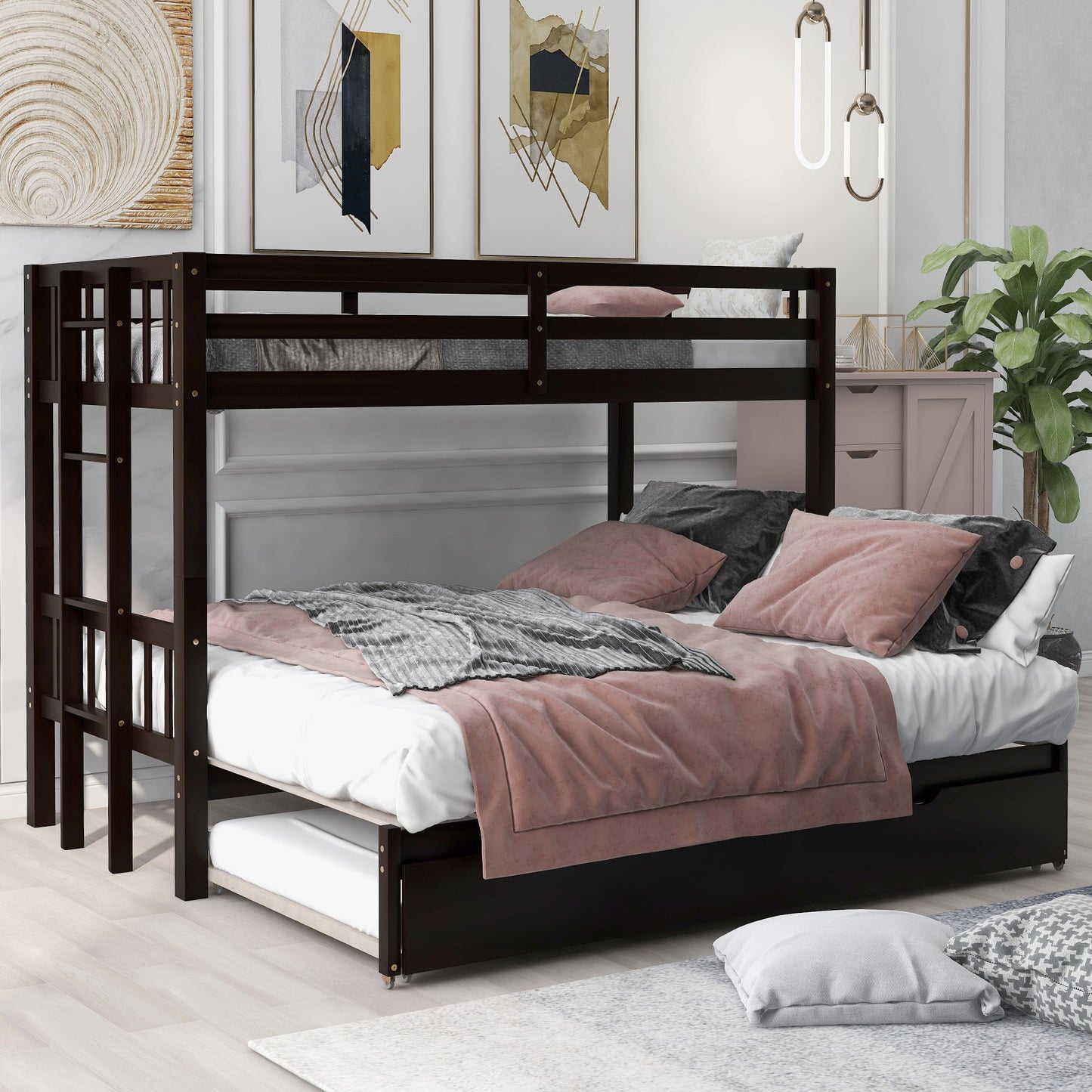 Twin over Pull-out Bunk Bed with Trundle  Espresso - Korvel