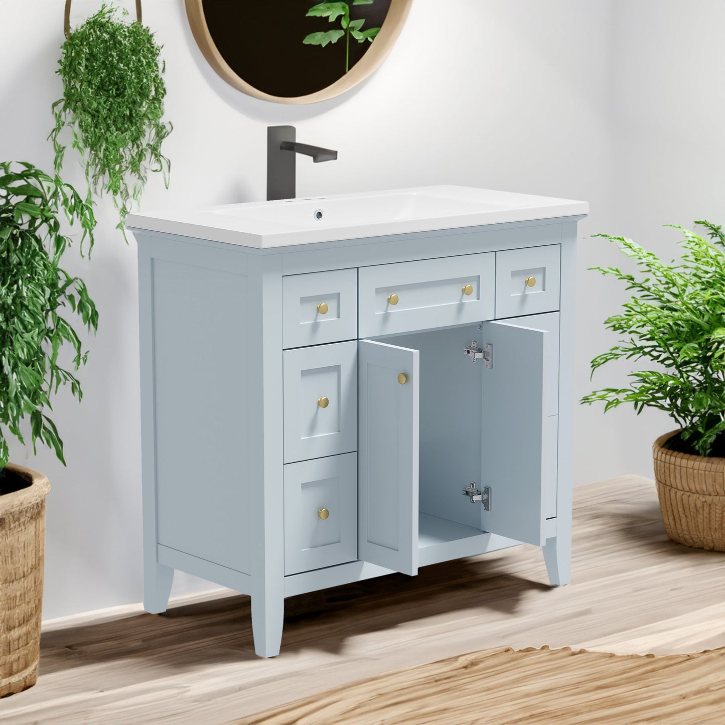 Meuble de salle de bain bleu clair de 36" avec évier en résine et rangement