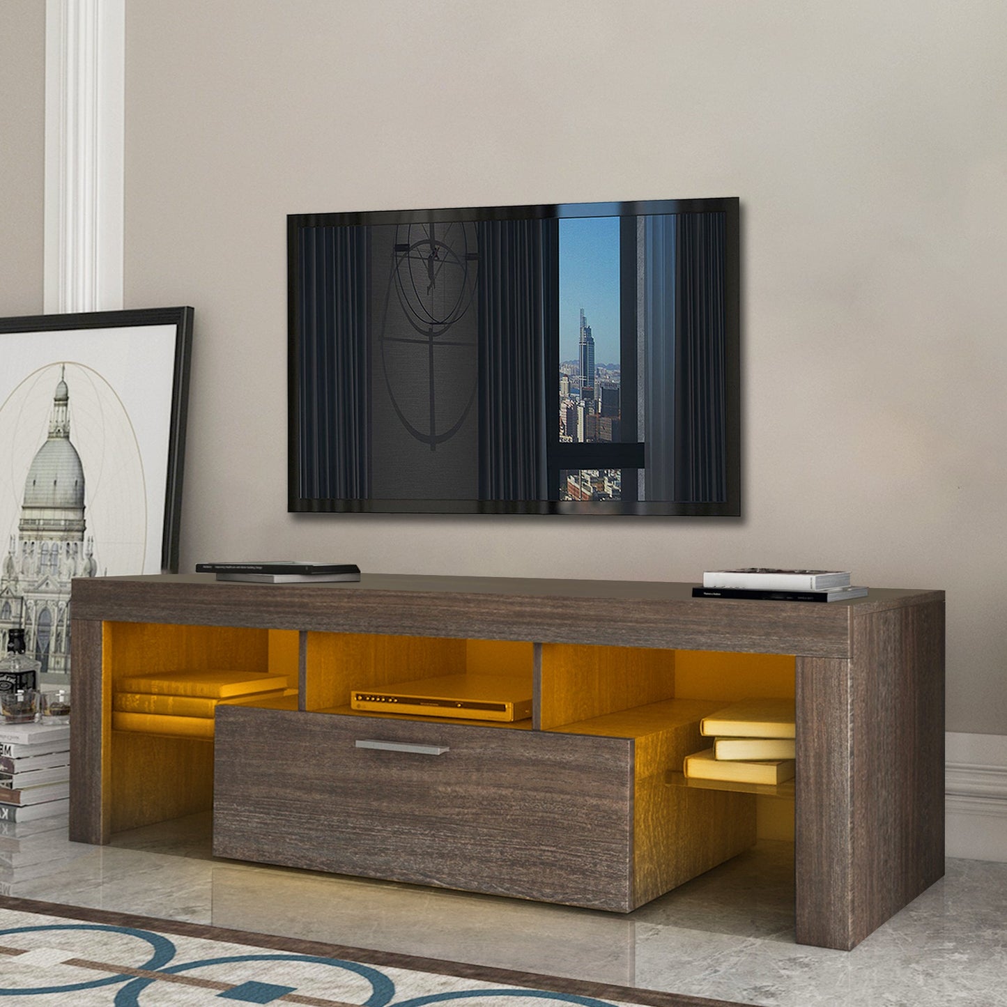 Meuble TV moderne marron avec éclairage LED - Assemblage rapide
