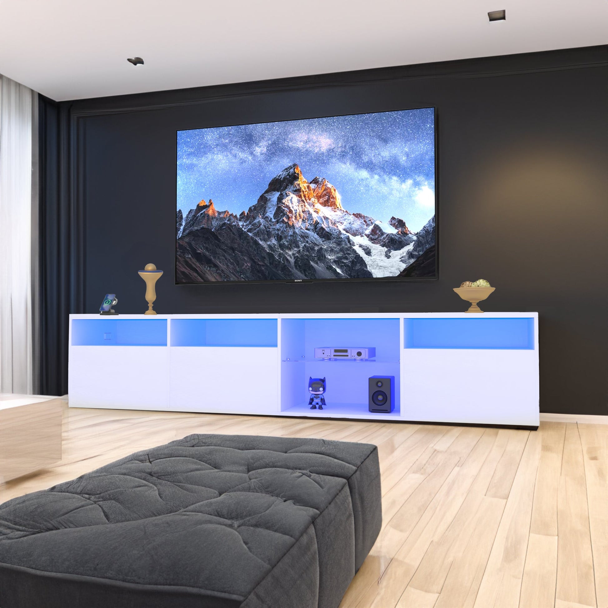 TV console with storage cabinet, 82.6-inch long LED TV stand with 31 mode switching lights (white, suitable for 75/80 inch TVs) - Korvel