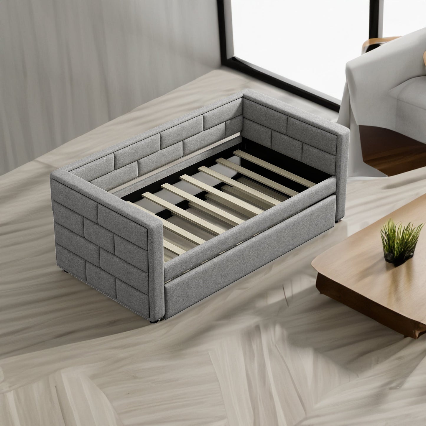 Twin Size Daybed with Trundle  Upholstered Daybed with Padded Back  Gray - Korvel